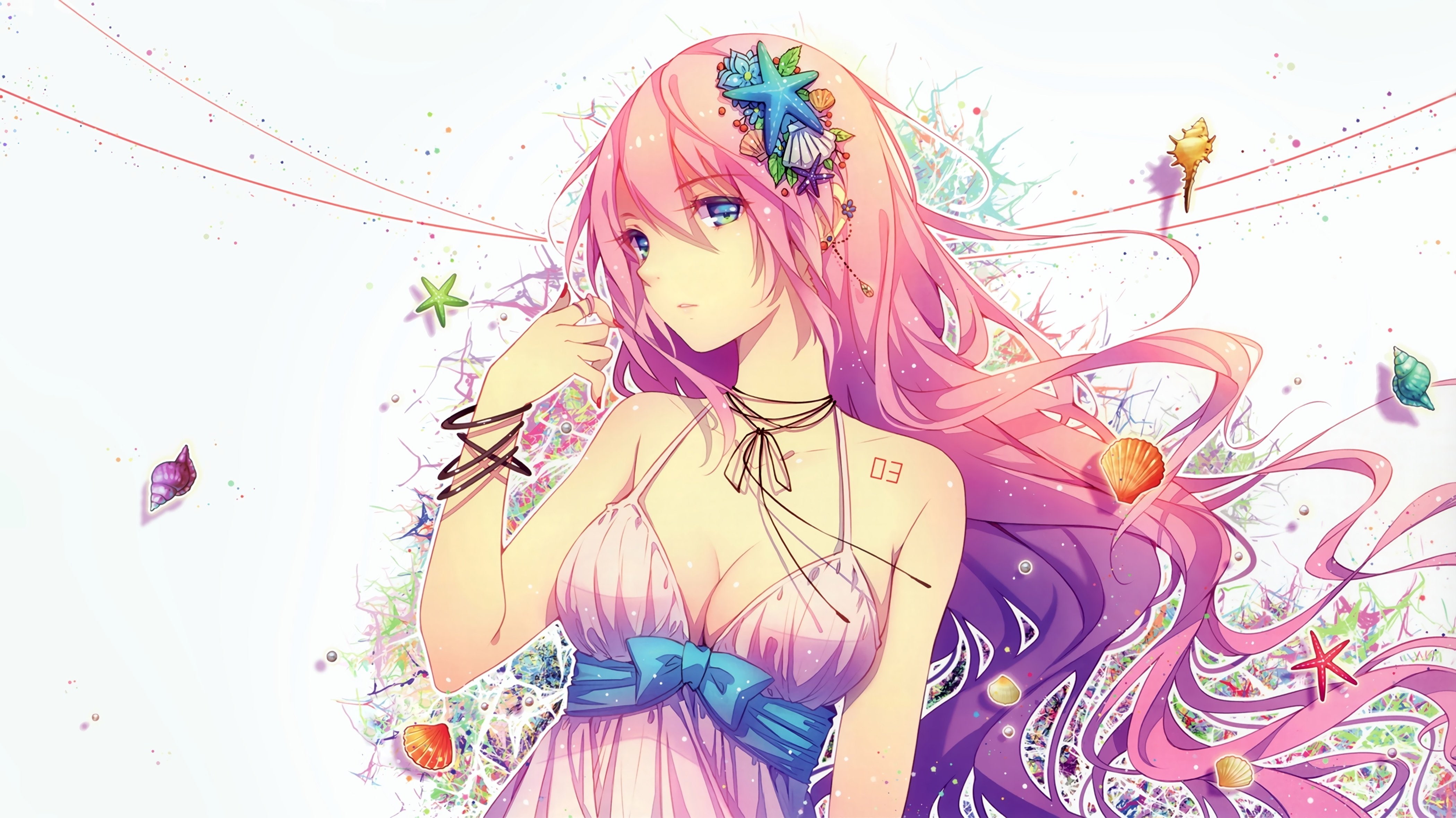 scan, photoshop, megurine, blue, hair, breasts, luka, 4K, long, white, ribbons, vocaloid, wristwear, pink, tidsean, eyes, dress, headdress, cleavage, HD Wallpaper