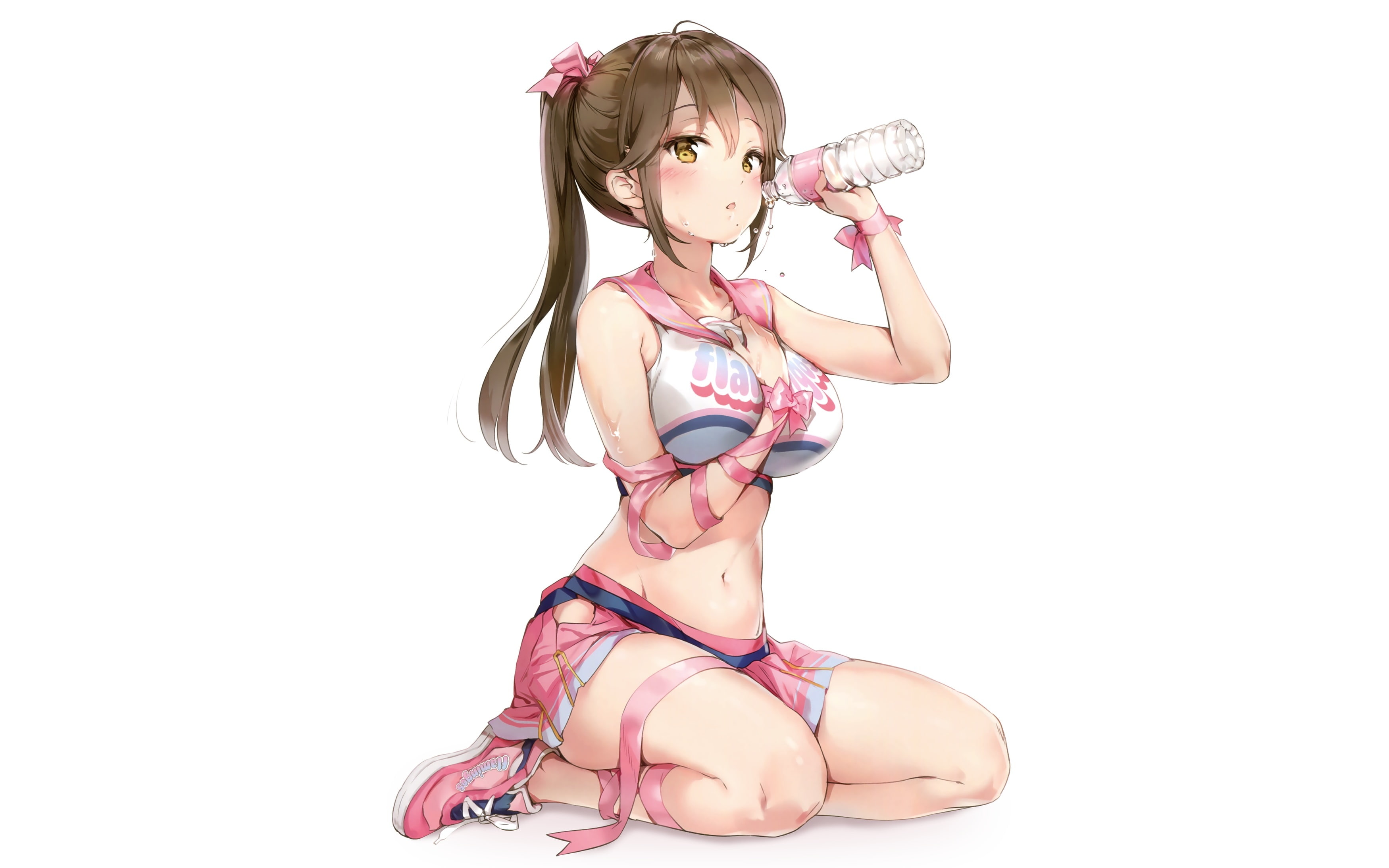 white, konachan, hair, original, 2K, ponytail, drink, wet, 250644, navel, long, photoshop, wristwear, brown, anmi, eyes, com, ribbons, breasts, HD Wallpaper
