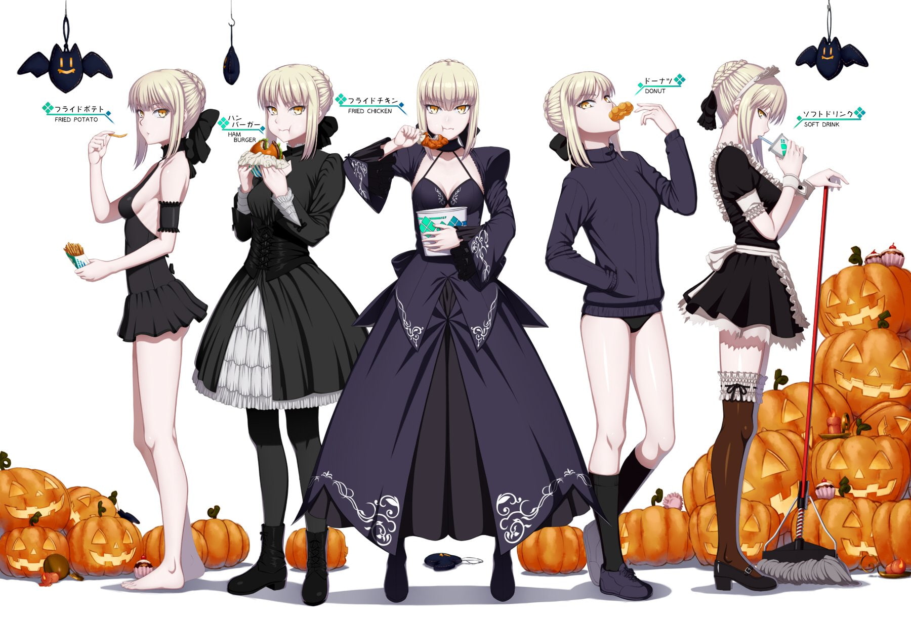 wristwear, pantyhose, goth-loli, drink, dress, boots, halloween, pumpkin, garter, food, maid, breasts, underwear, kneehighs, cleavage, panties, saber, 720P, HD Wallpaper