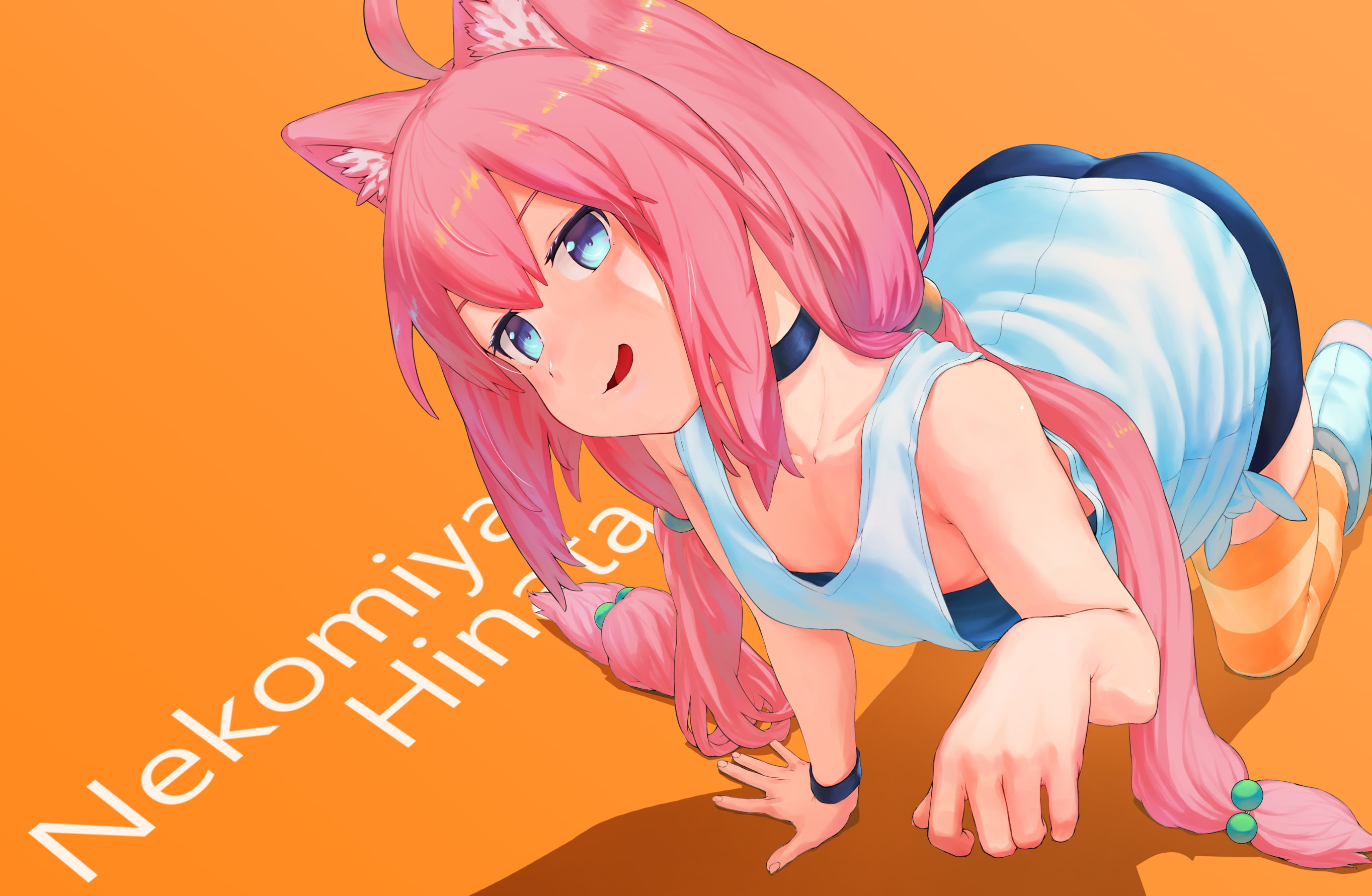 orange, long, aqua, hair, hinata, animal, com, choker, twintails, channel, pink, wristwear, catgirl, boots, bra, flat, thighhighs, eyes, shorts, 260827, HD Wallpaper