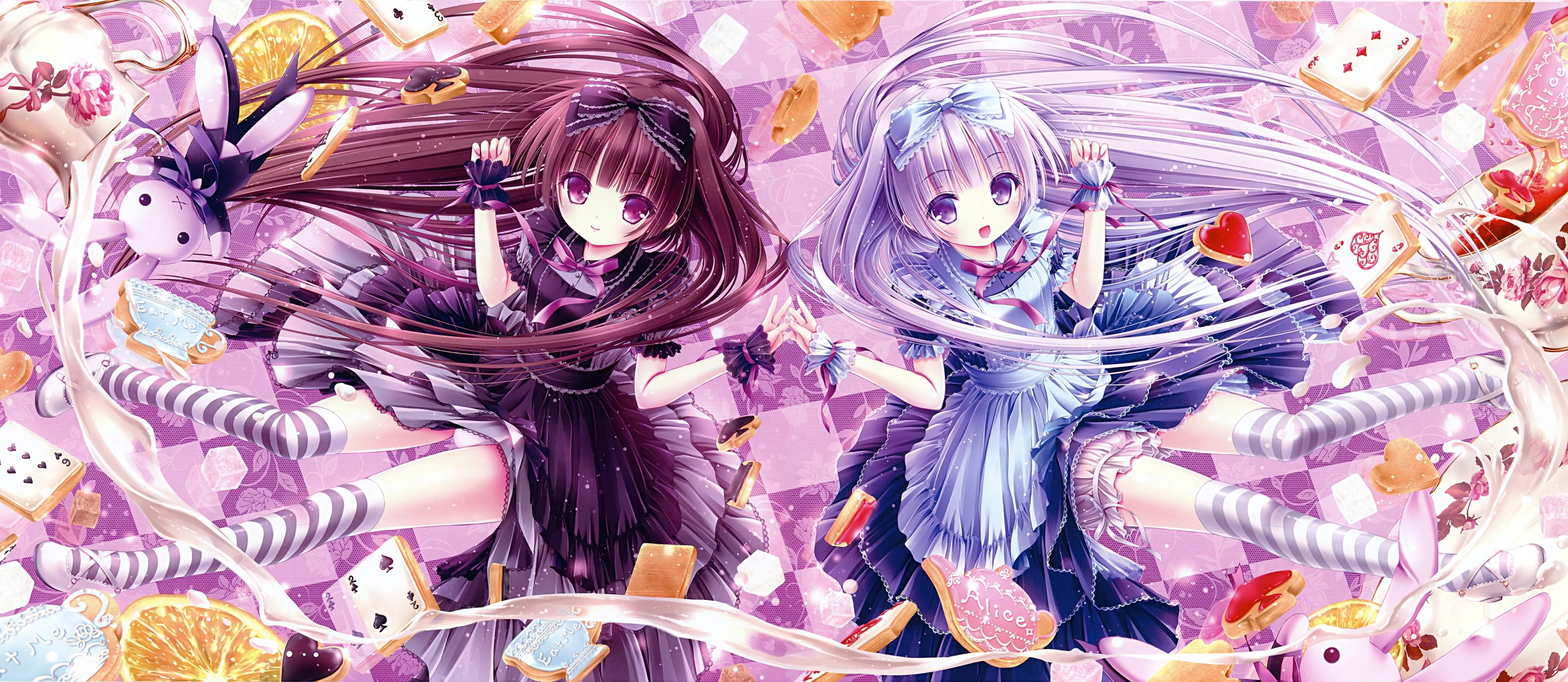 fruit, drink, bow, panties, bunny, thighhighs, bloomers, goth-loli, ribbons, girls, 2K, underwear, long, dress, brown, gray, hair, tinkle, wristwear, food, HD Wallpaper