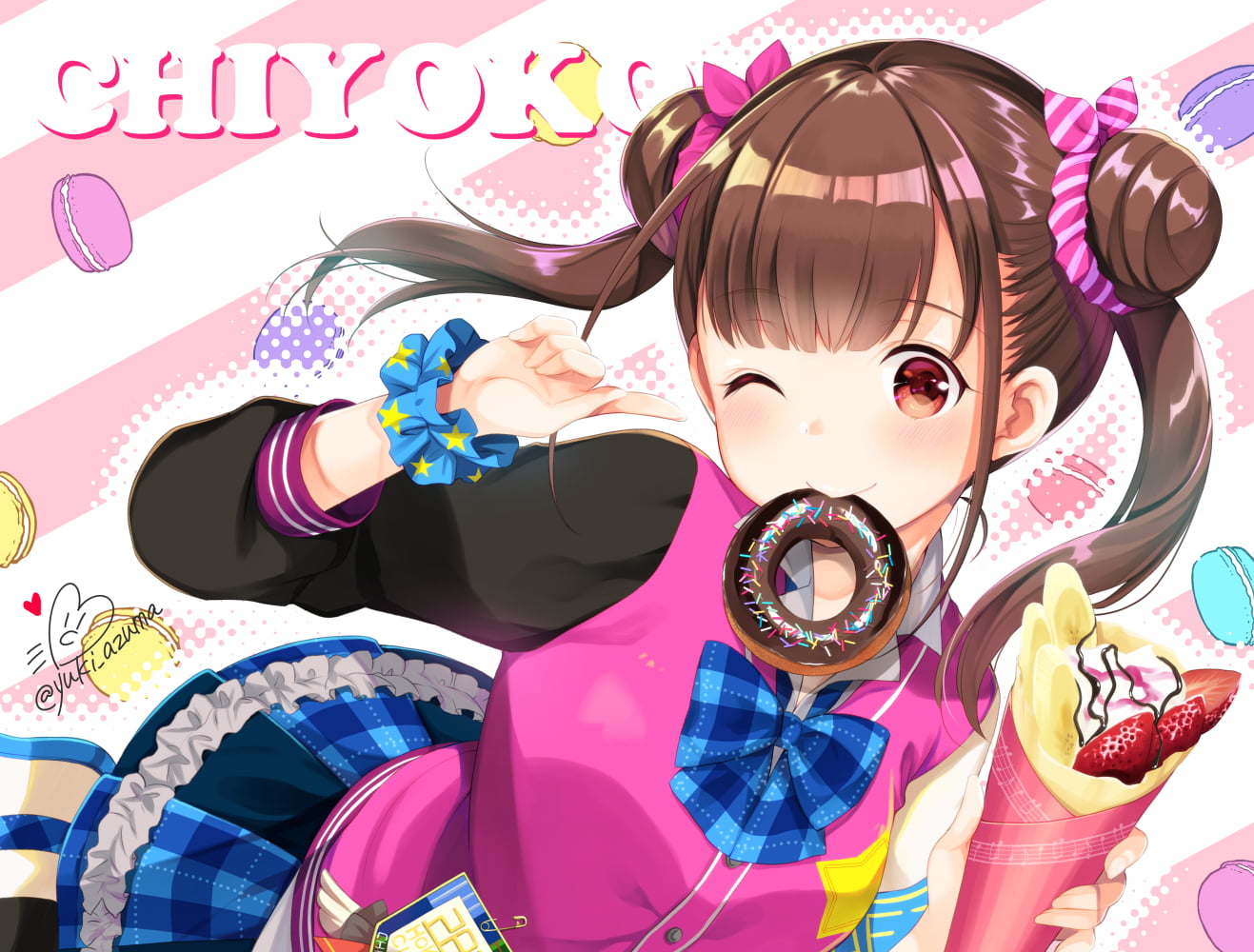 red eyes, long hair, brunette, twintails, skirt, candy, food, wristwear, 720P, wink, HD Wallpaper