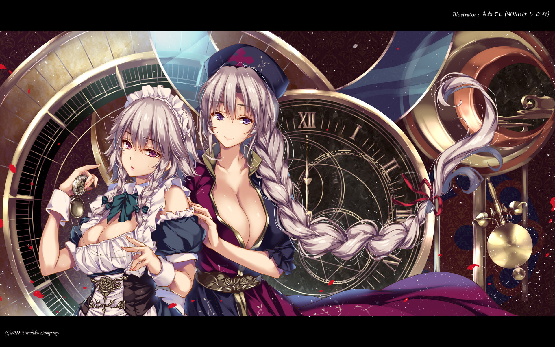 eirin, indoors, bow, headdress, dress, female likeness, braids, no people, human representation, 1080P, 2girls, purple, wristwear, breasts, retail display, HD Wallpaper