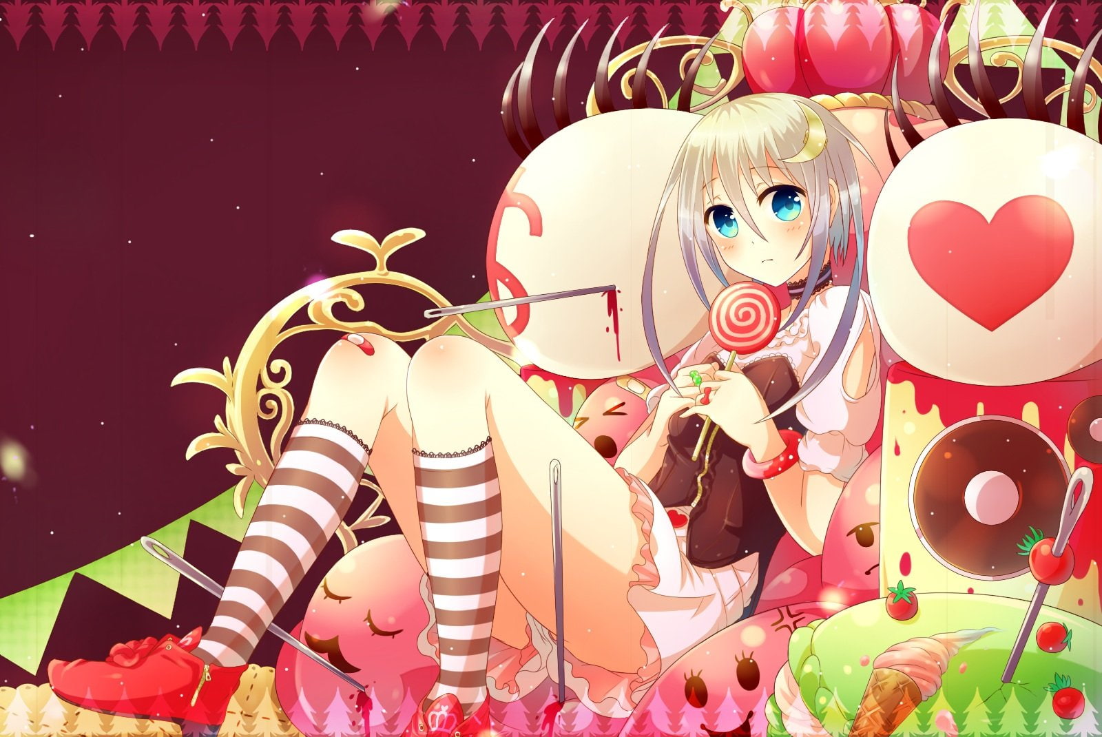 kneehighs, long, lollipop, wristwear, 720P, original, hair, cake, sakakidani, white, candy, cherry, food, choker, HD Wallpaper