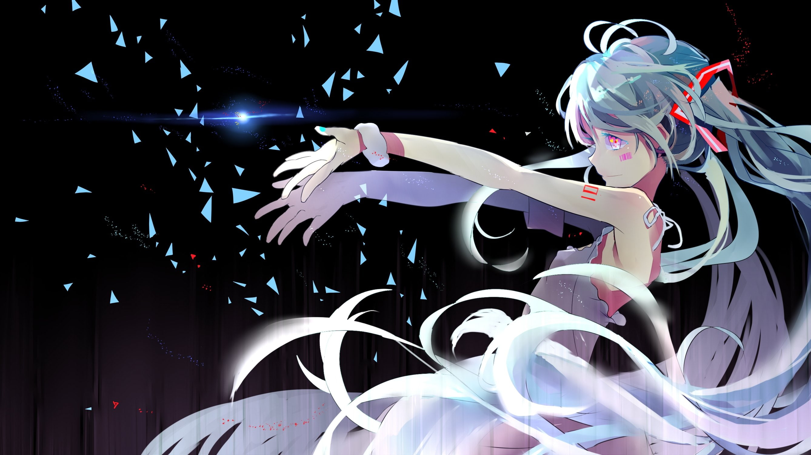 wristwear, eyes, longyuyi, twintails, bicolored, dress, hair, long, blue, 2K, miku, vocaloid, hatsune, HD Wallpaper