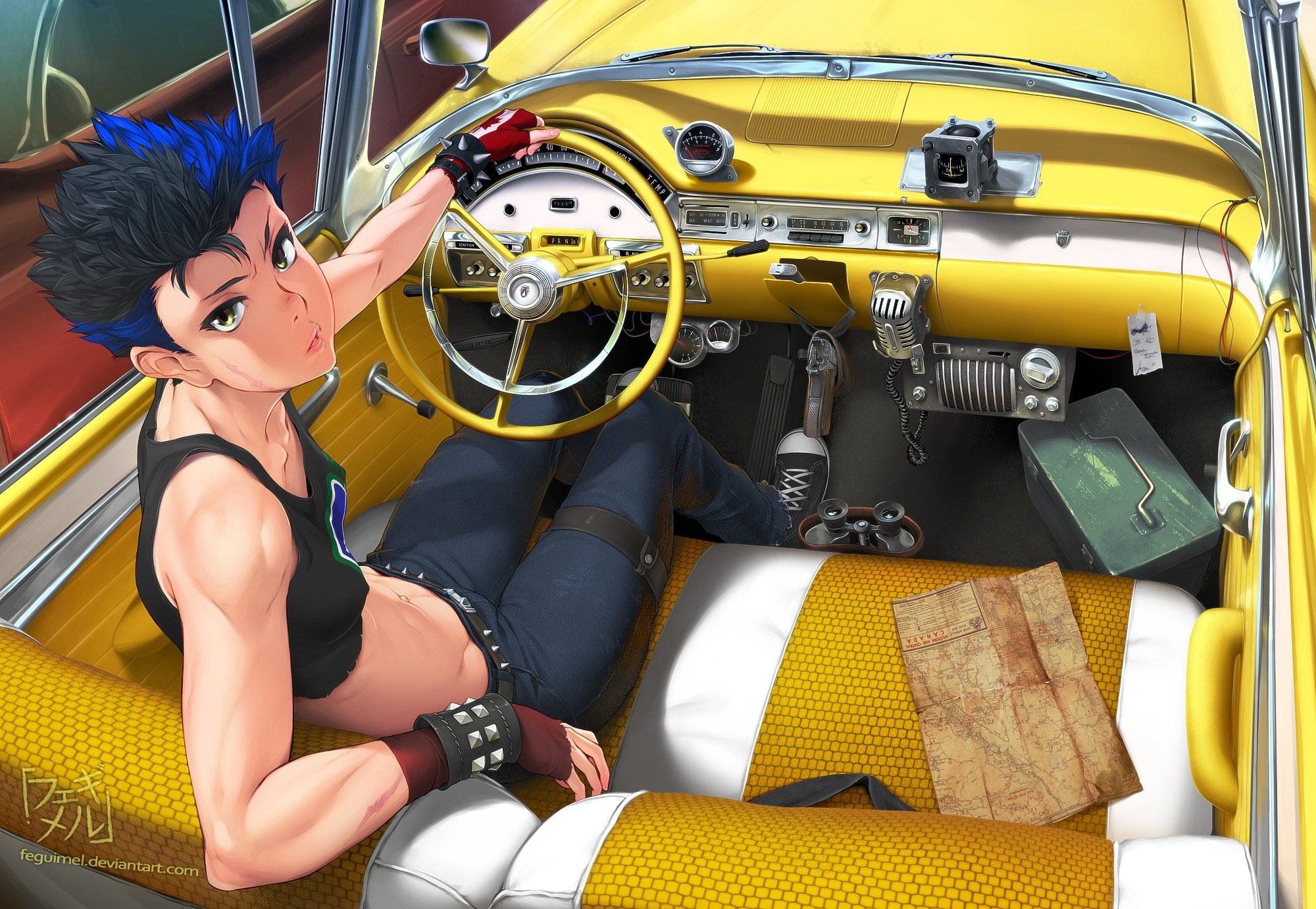 black, chest, hair, blue, weapon, flat, gun, short, 1080P, signed, mirror, car, original, erect, feguimel, nipples, wristwear, HD Wallpaper