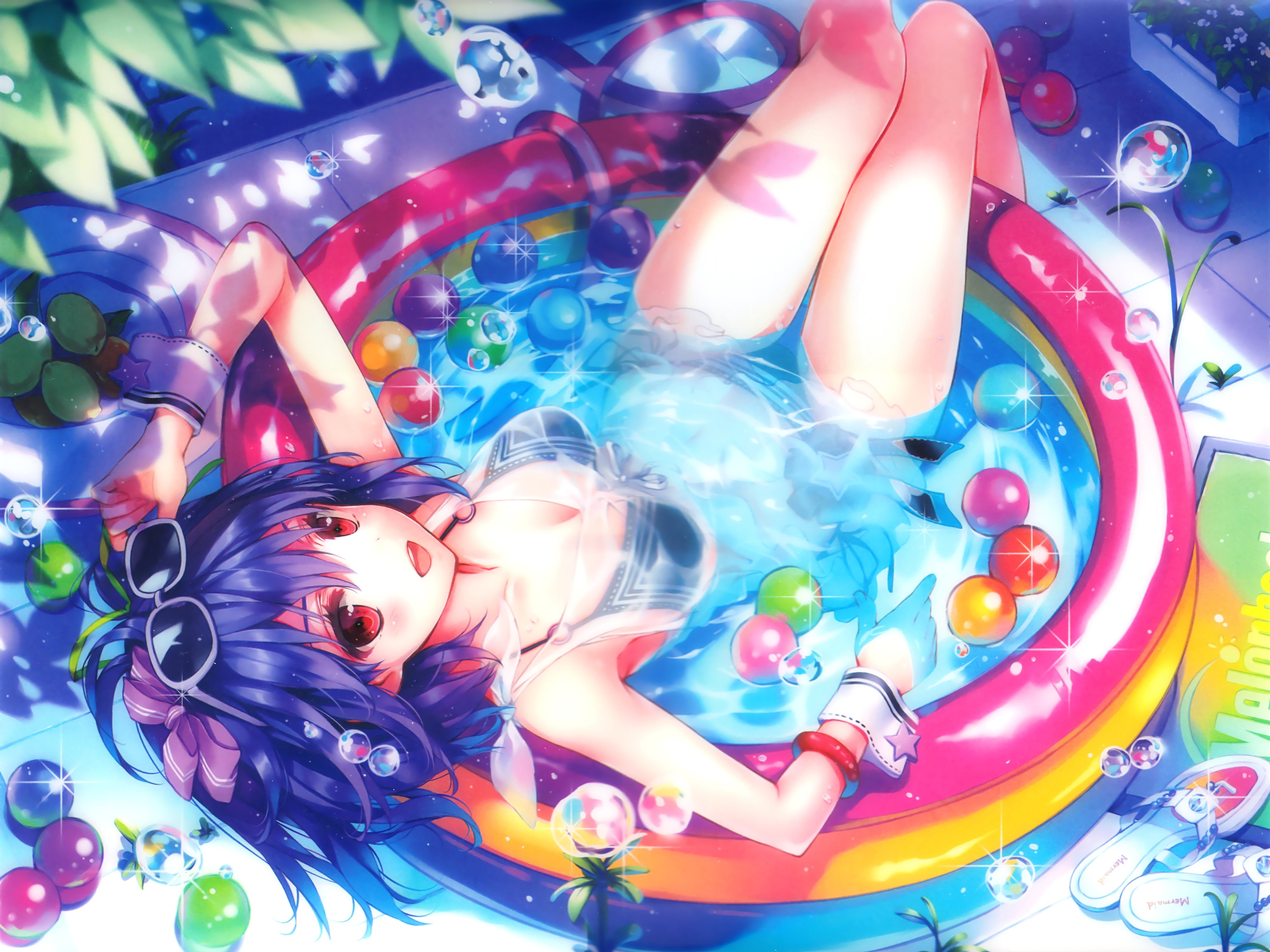 bow, kuroya, bikini, wristwear, sunglasses, 4K, red, swimsuit, short, hair, shinobu, water, blue, scan, eyes, HD Wallpaper