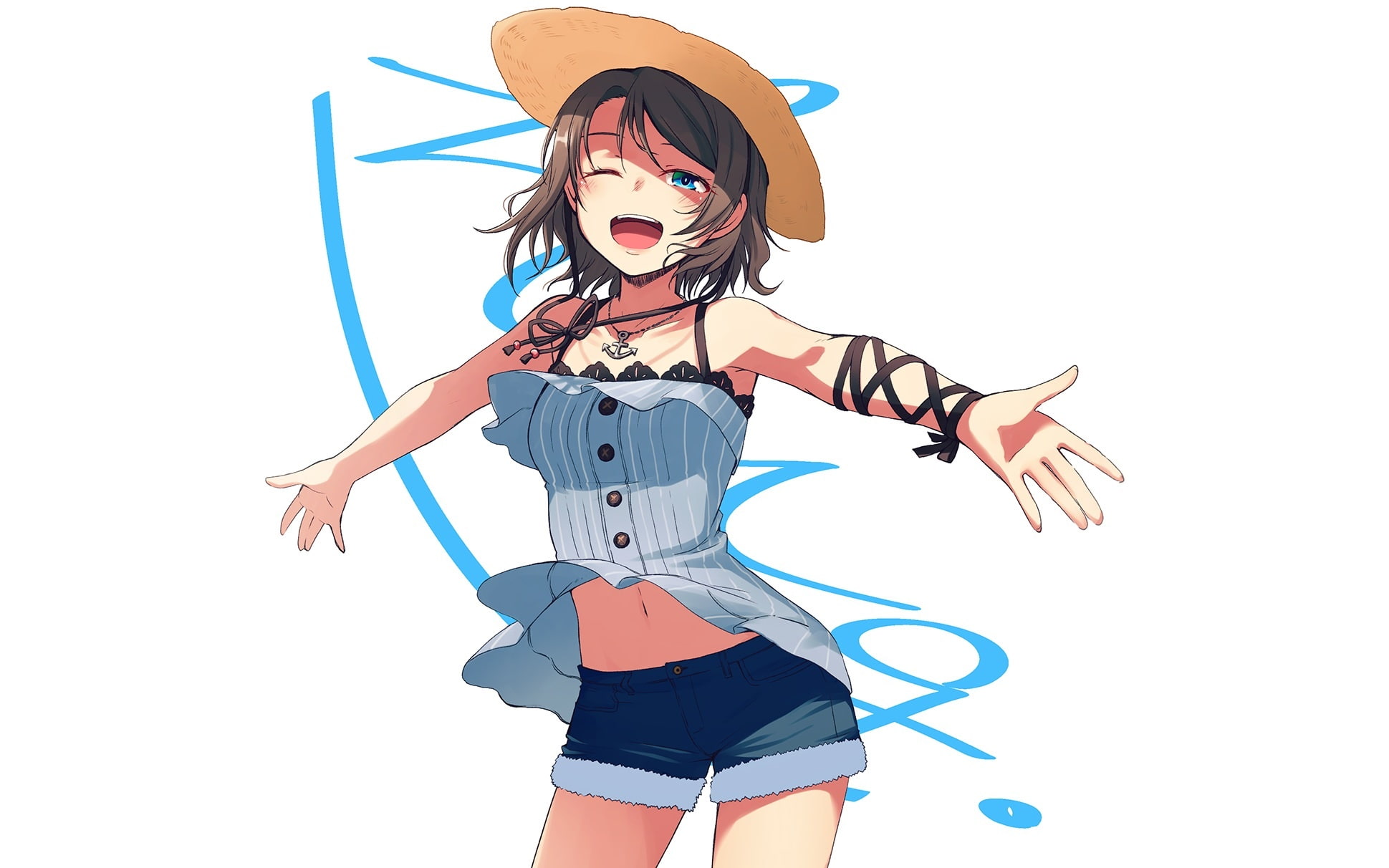 you, hat, 237568, watanabe, short, navel, konachan, white, love, wink, 1080P, com, nanotsuki, brown, live!, shorts, blush, hair, necklace, aqua, wristwear, HD Wallpaper