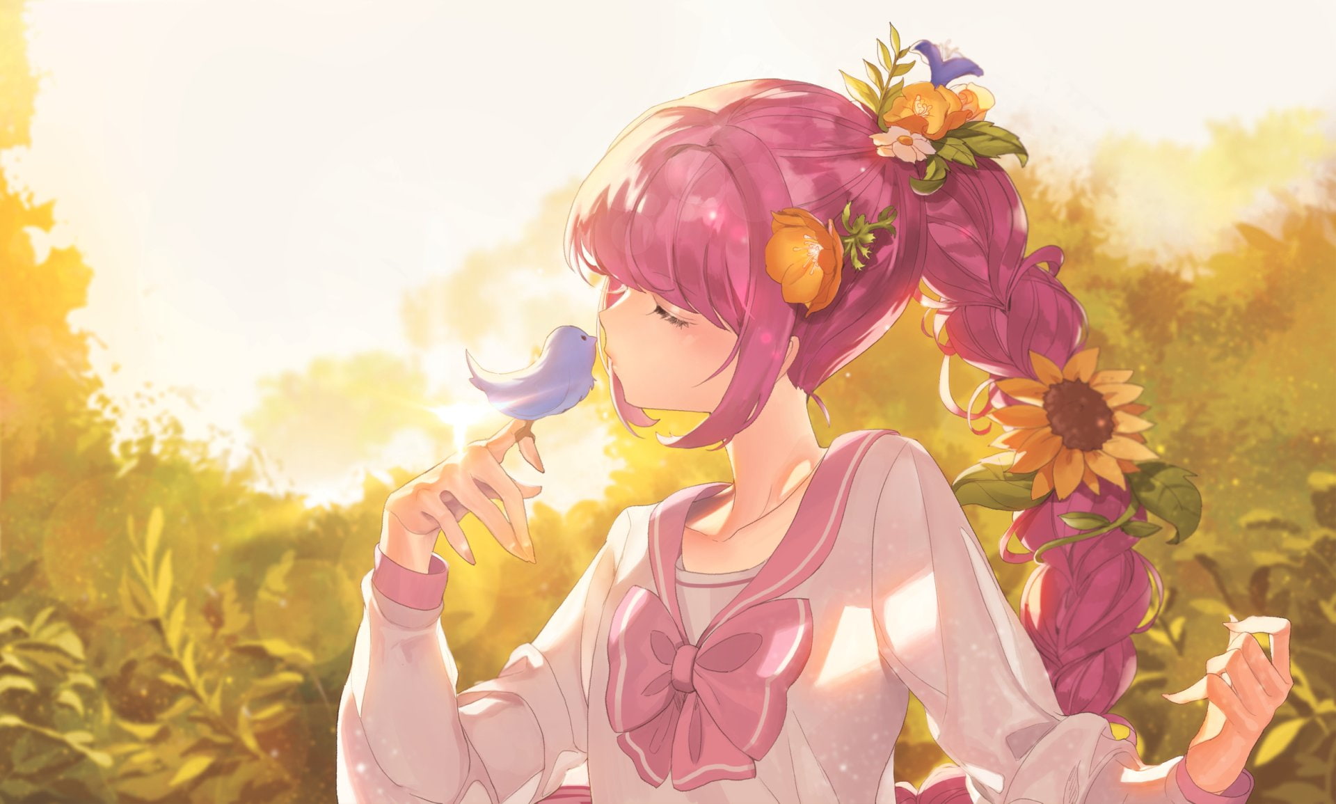 Anime, bow (Clothing), Sunbeam, Sunrise, Flower, Sunflower, Original (Anime), Original, Blush, Girl, Pink Hair, 1080P, Braid, School Uniform, Lips, Bird, HD Wallpaper