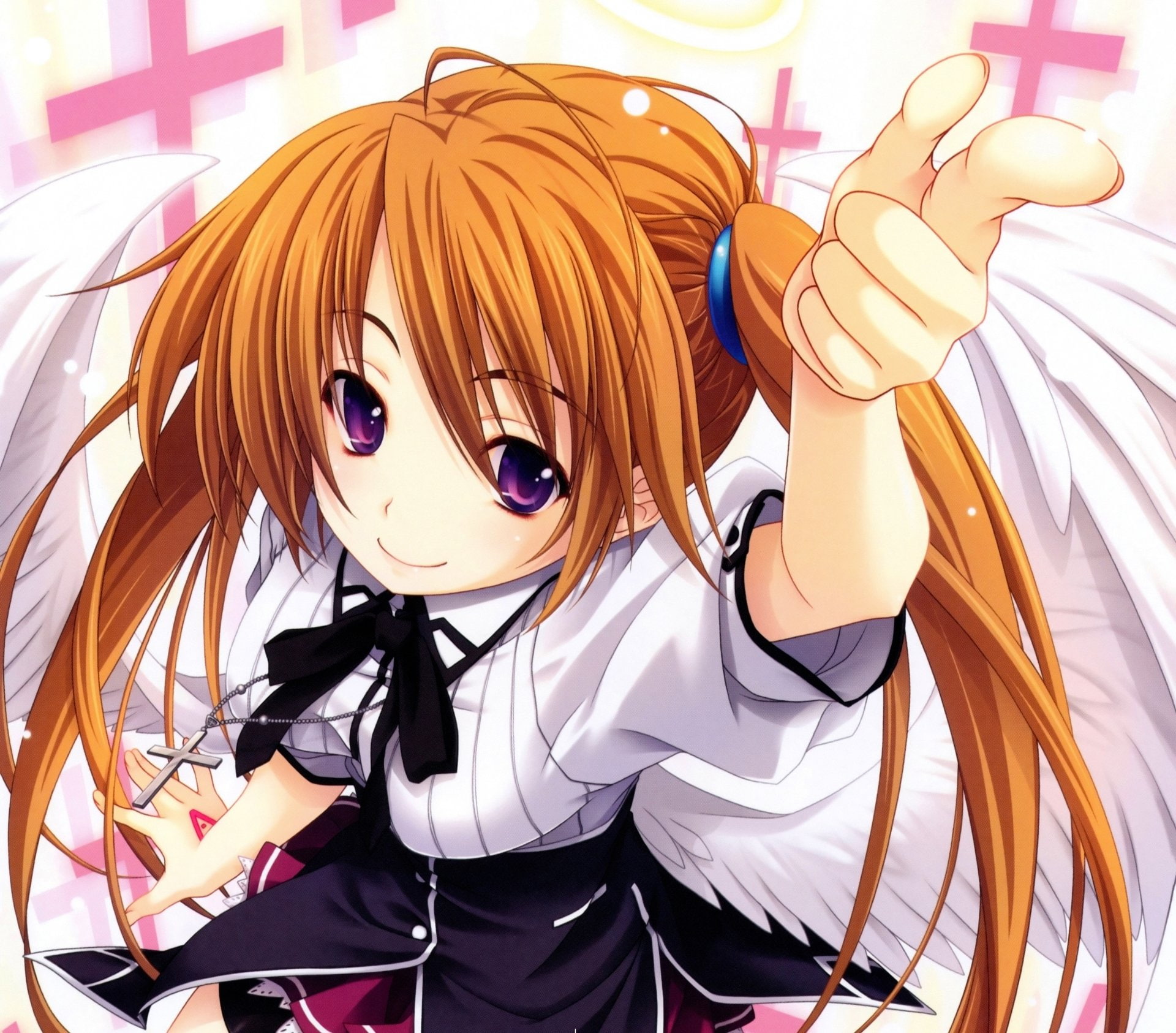 Orange Hair, Twintails, High School DxD, Long Hair, Purple Eyes, Anime, 1080P, bow (Clothing), Smile, Wings, HD Wallpaper