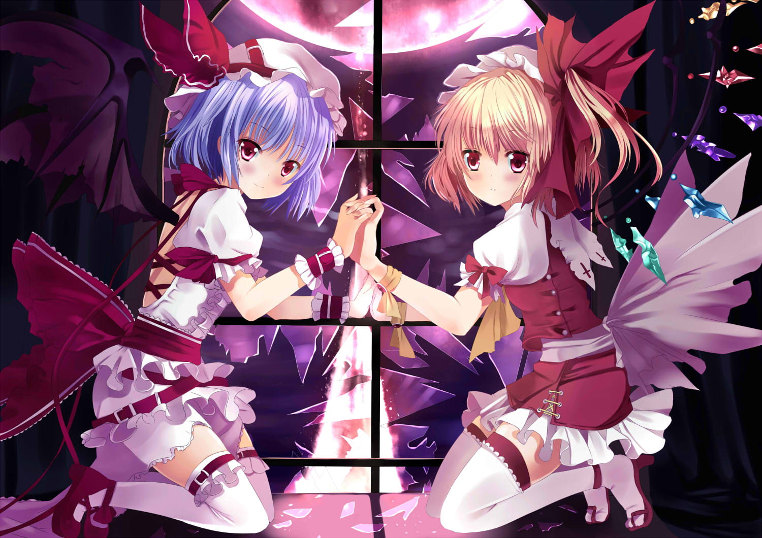dress, ribbons, eyes, touhou, xephonia, scarlet, 720P, hat, remilia, blue, blonde, hair, flandre, short, thighhighs, blush, moon, wings, red, HD Wallpaper