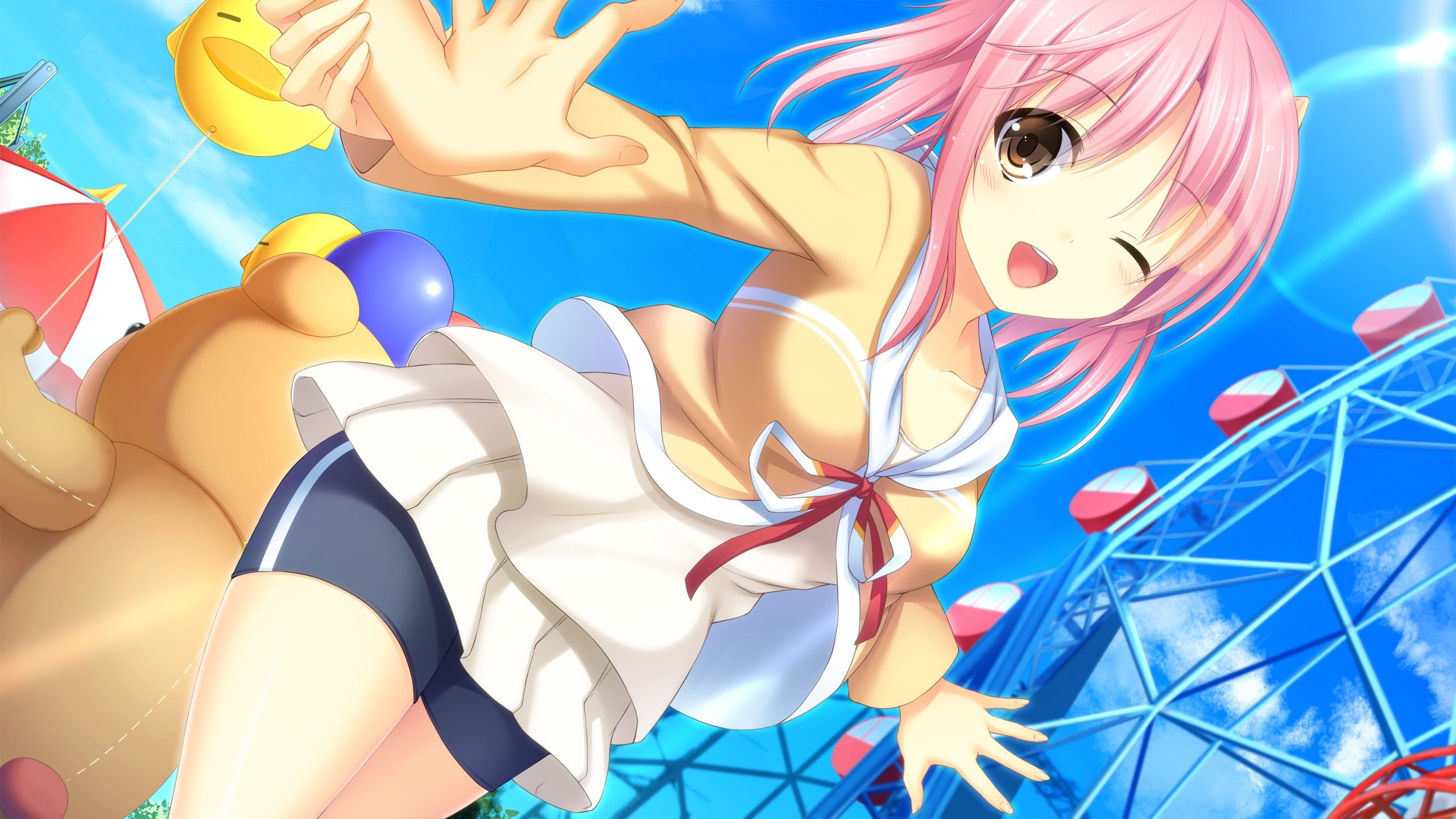 pink, shorts, aihara, house, yuzu, eyes, short, koi, kagura, yuu, otonari, sugar, bike, sensou, game, hair, 2K, wink, brown, HD Wallpaper