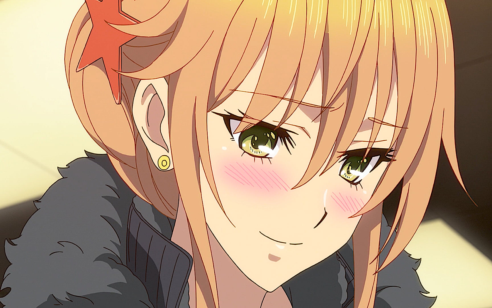 smiling, green eyes, Citrus (manga), earring, happy, hairbun, 720P, redhead, black jackets, blush, Yuzu Aihara, HD Wallpaper