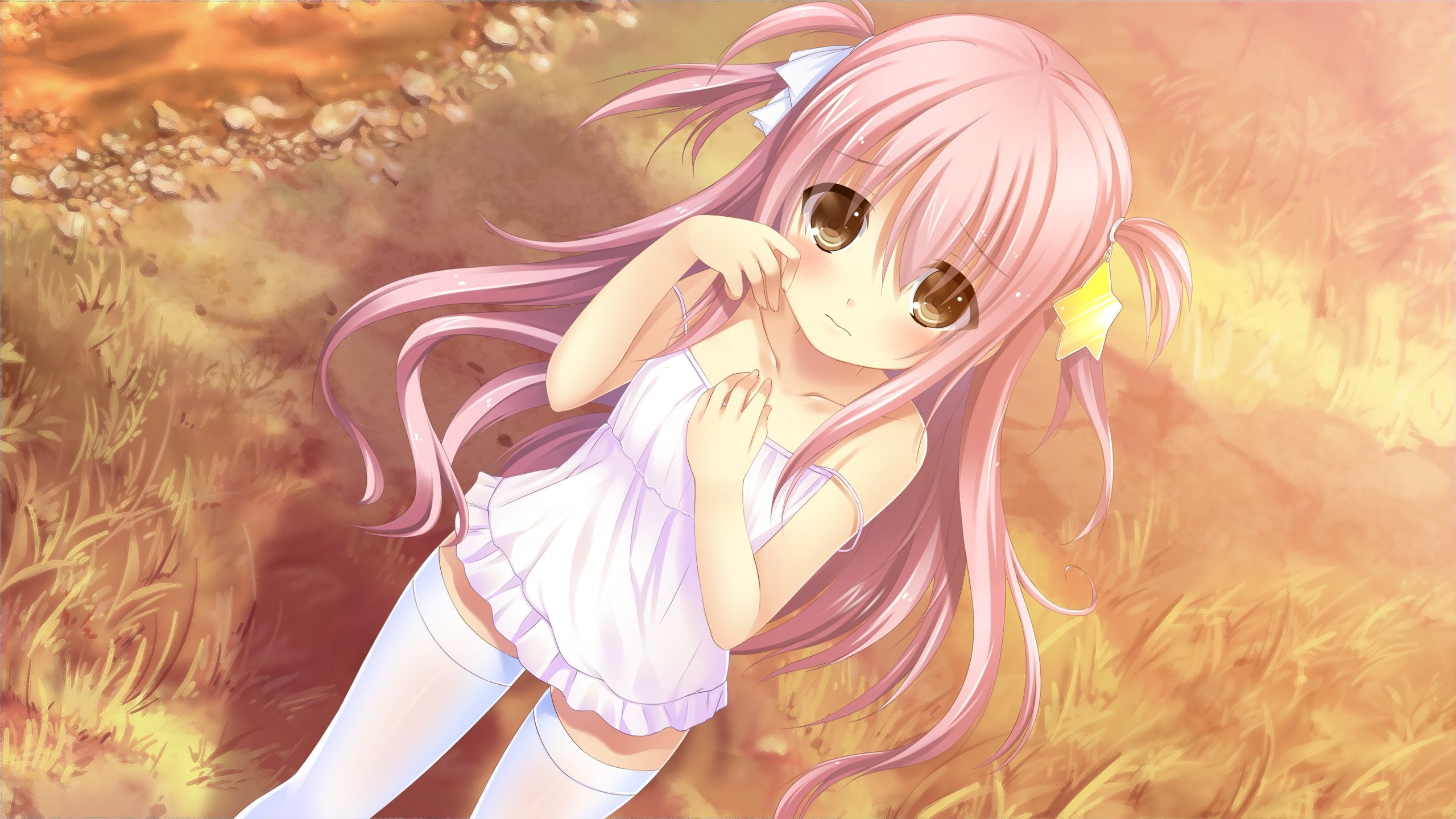 thighhighs, aihara, brown, otonari, koi, game, sensou, sugar, eyes, house, pink, yuu, long, 2K, yuzu, kagura, hair, HD Wallpaper