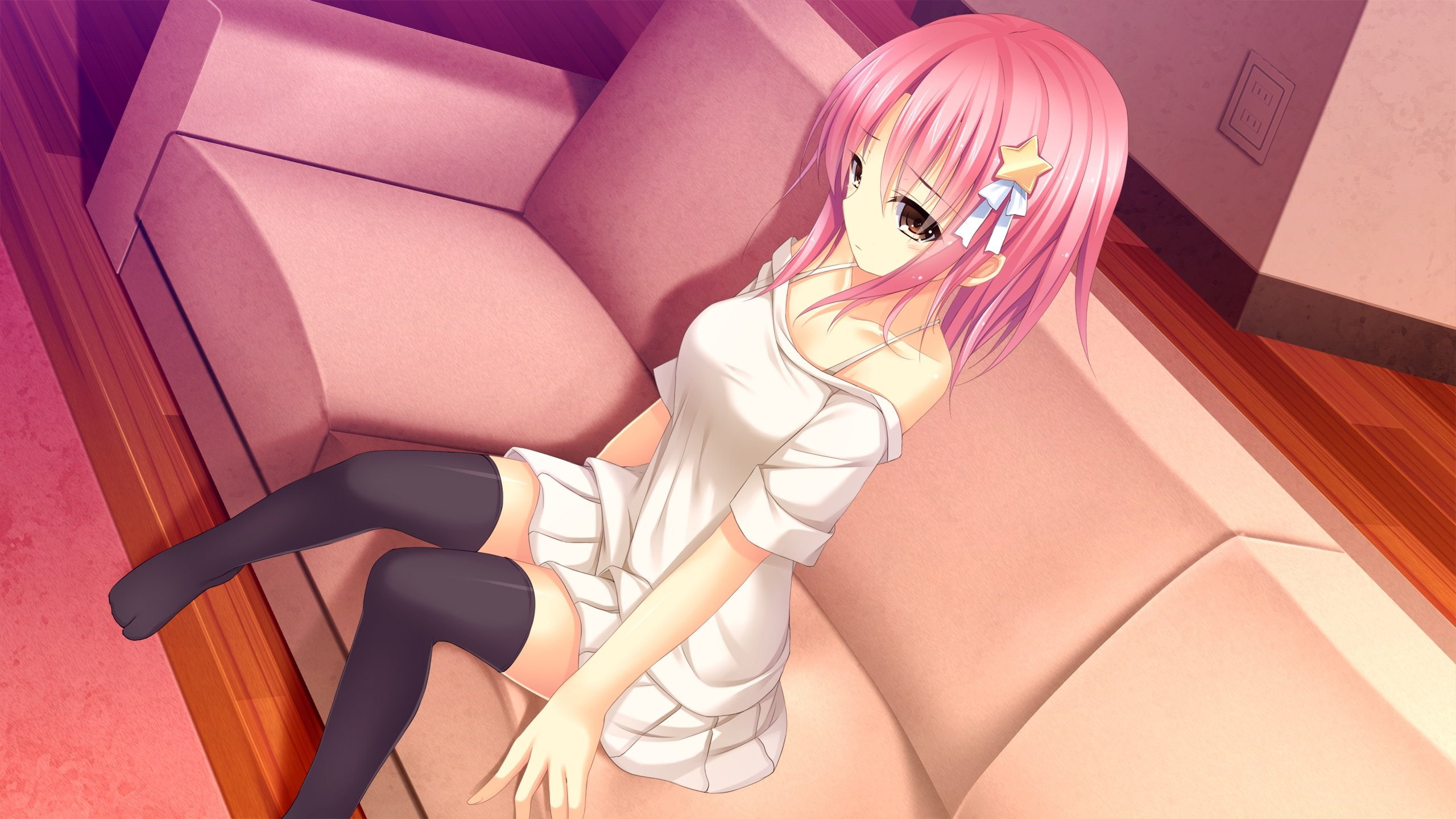 brown, sensou, pink, otonari, hair, kagura, sugar, koi, short, eyes, thighhighs, yuu, game, 2K, aihara, house, yuzu, HD Wallpaper