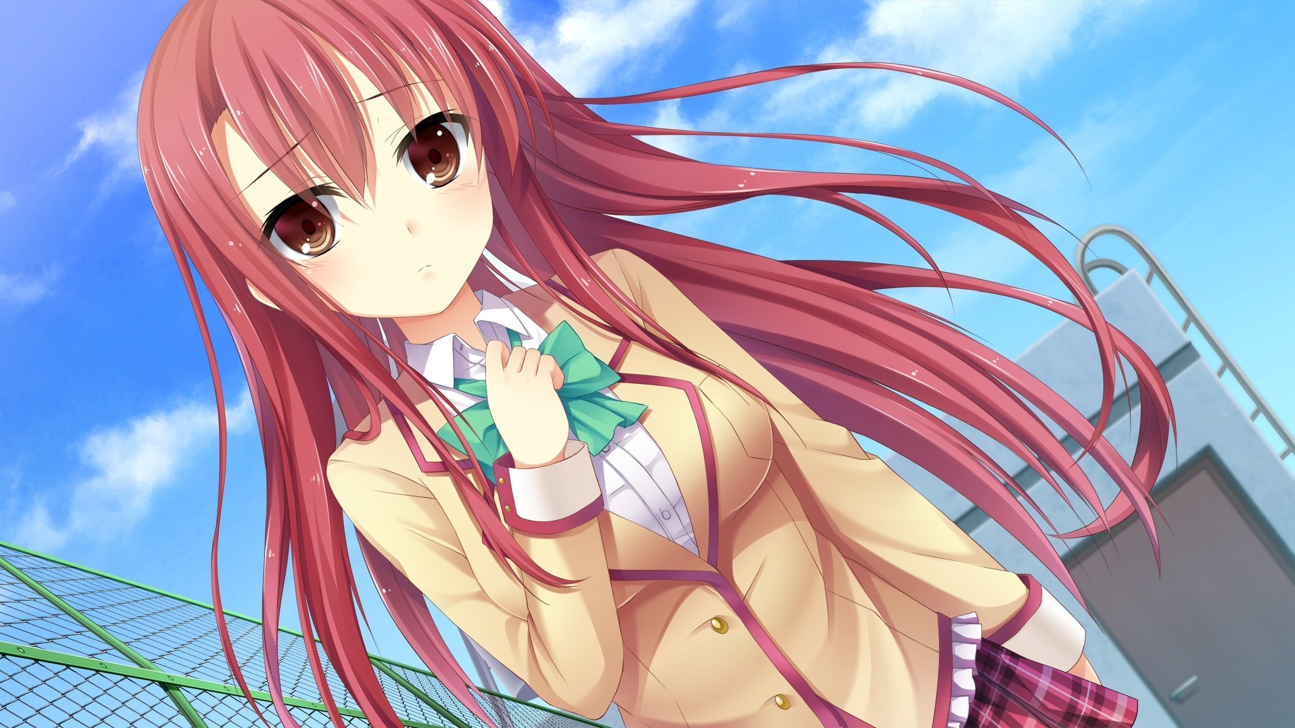 house, otonari, yuu, kagura, bow, eyes, red, aihara, yuzu, seifuku, hair, koi, 2K, long, sugar, sensou, game, brown, HD Wallpaper