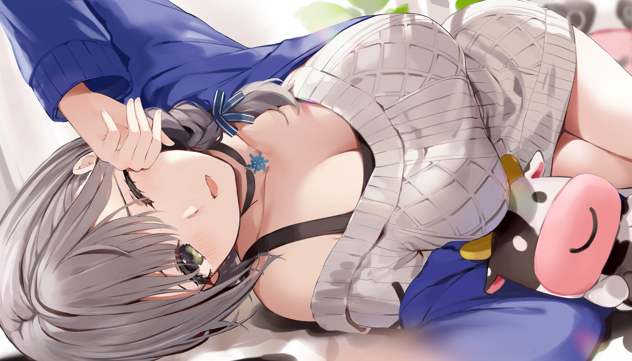 Shirogane Noel, Hololive, grey hair, 1080P, cow, lying on back, anime, Niii, sweater, anime girls, HD Wallpaper
