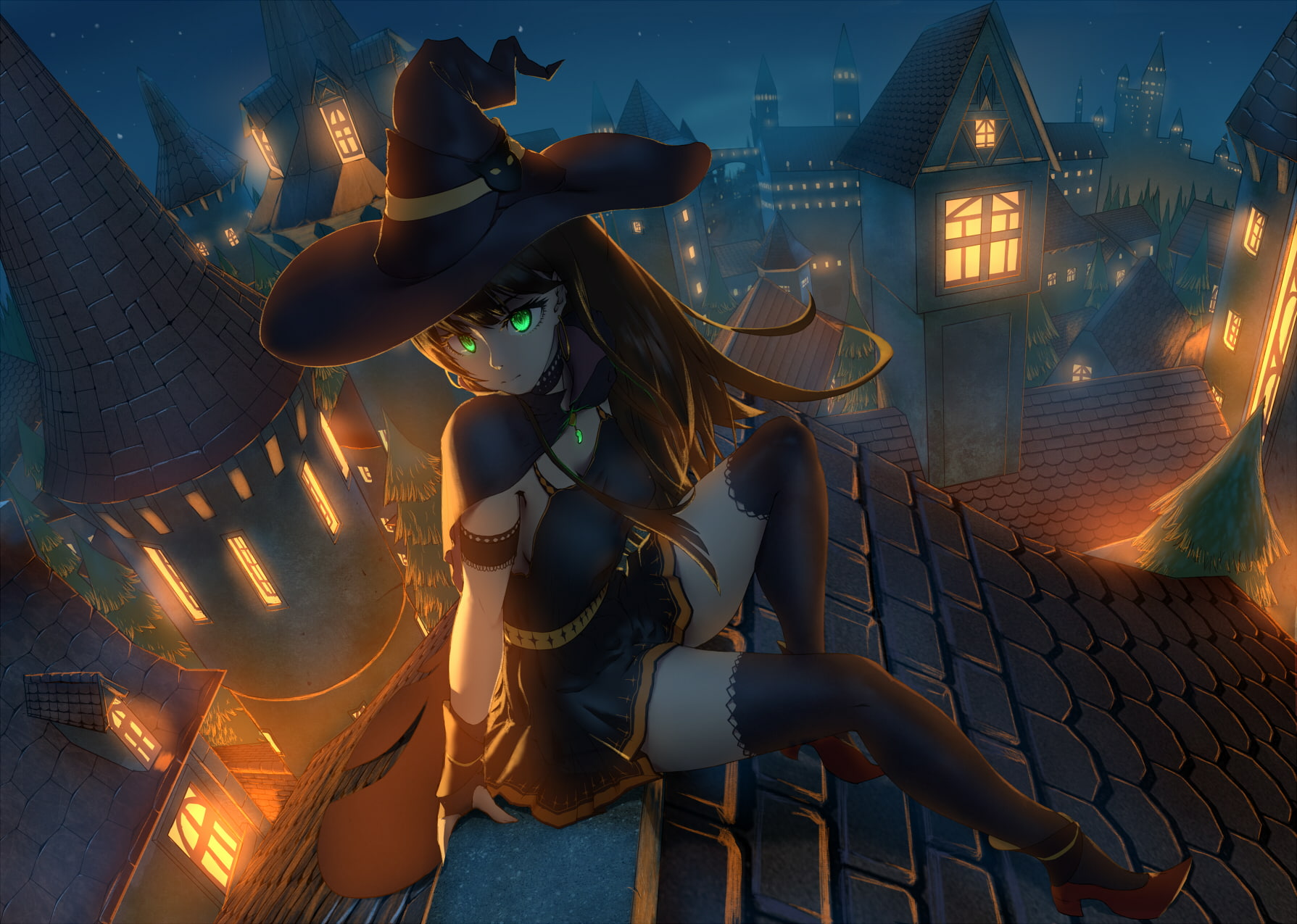 witch hat, long hair, Halloween, 720P, brunette, night, hat, green eyes, cape, gloves, thigh-highs, building, THE iDOLM@STER, witch, HD Wallpaper