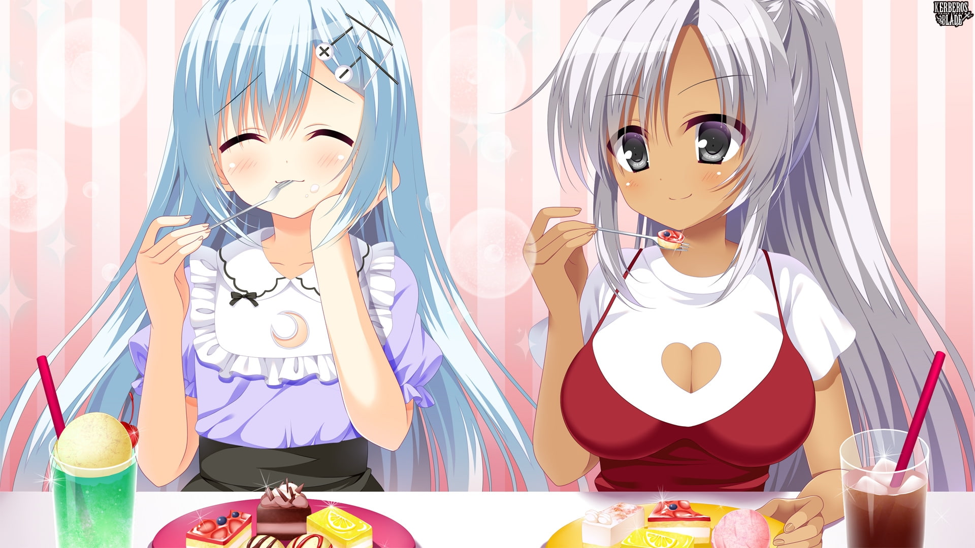 indoors, anime girls, representation, celebration, cake, food and drink, front view, sweet, creativity, female likeness, table, anime style games, eating sweets, HD Wallpaper