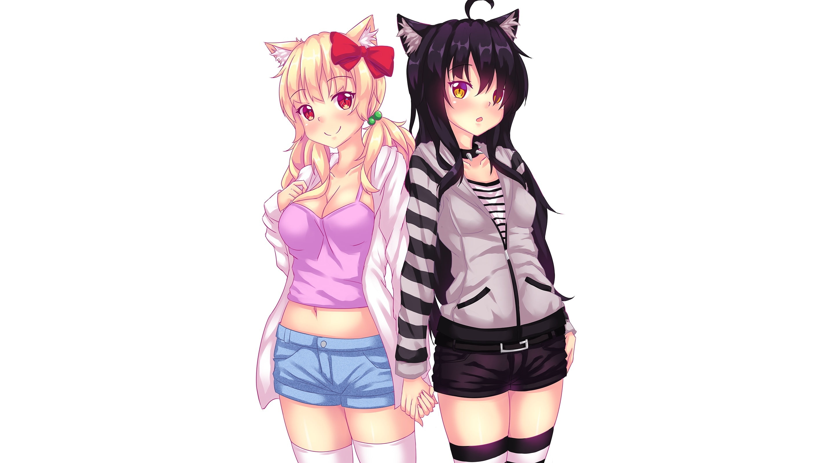 eyes, original, shorts, white, hoodie, long, hair, betsy, red, blush, bow, naala, com, twintails, thighhighs, blonde, 2K, choker, black, catgirl, 2girls, HD Wallpaper