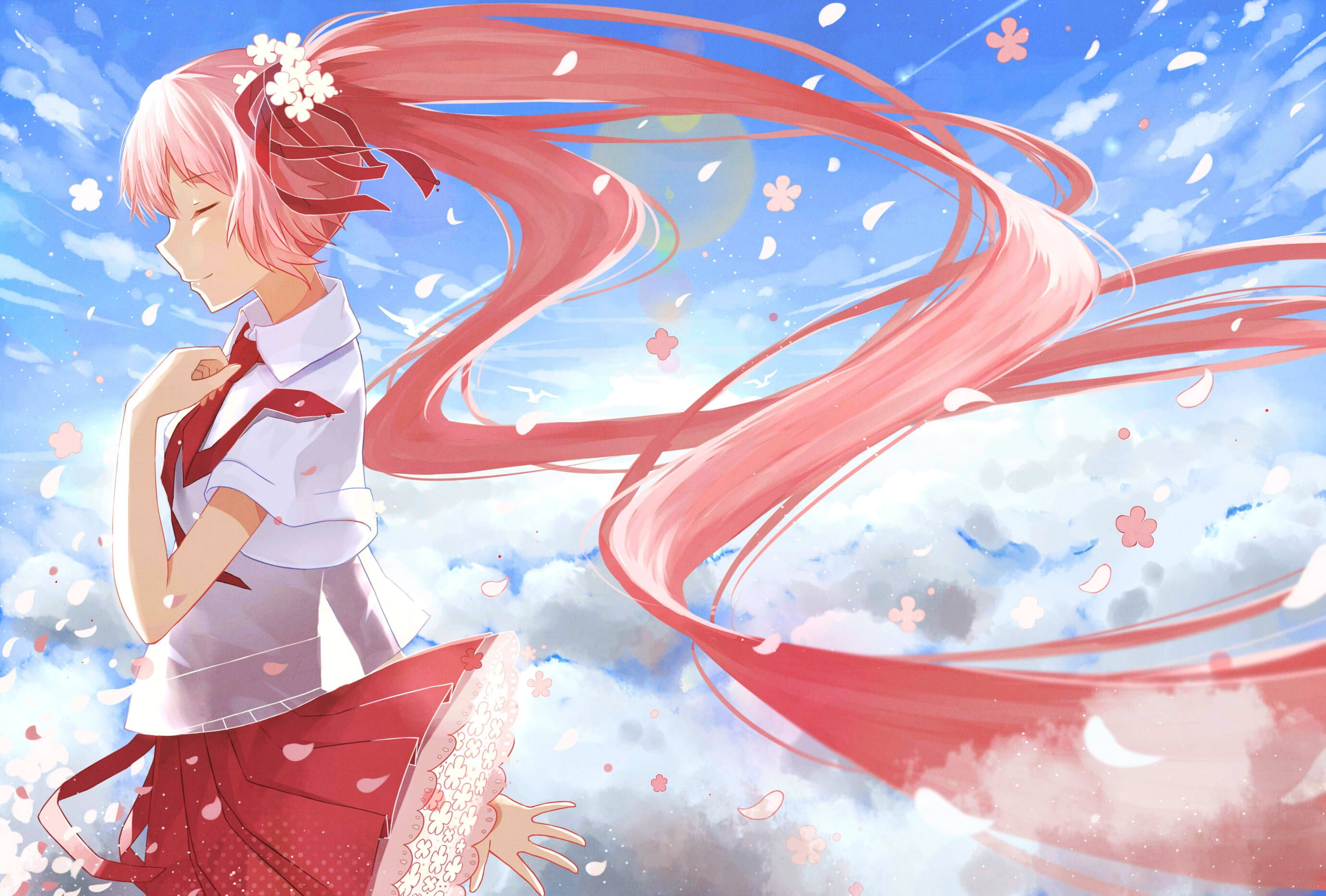 Sakura Miku, Hatsune Miku, flowers, anime girls, skirt, Vocaloid, 2K, sky, HD Wallpaper