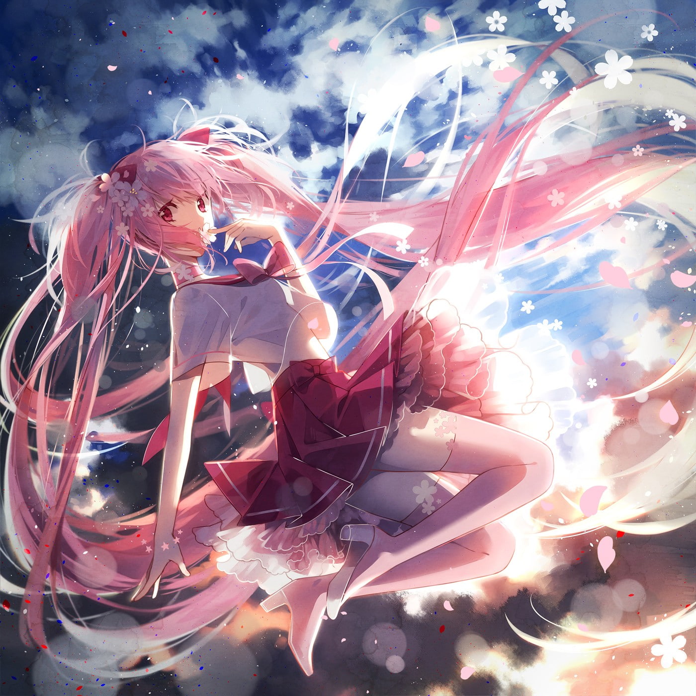 floating, flower petals, lifestyles, multiple exposure, Sakura Miku, pink color, art and craft, long hair, skirt, Hatsune Miku, boots, clouds, nature, twintails, Phone HD Wallpaper