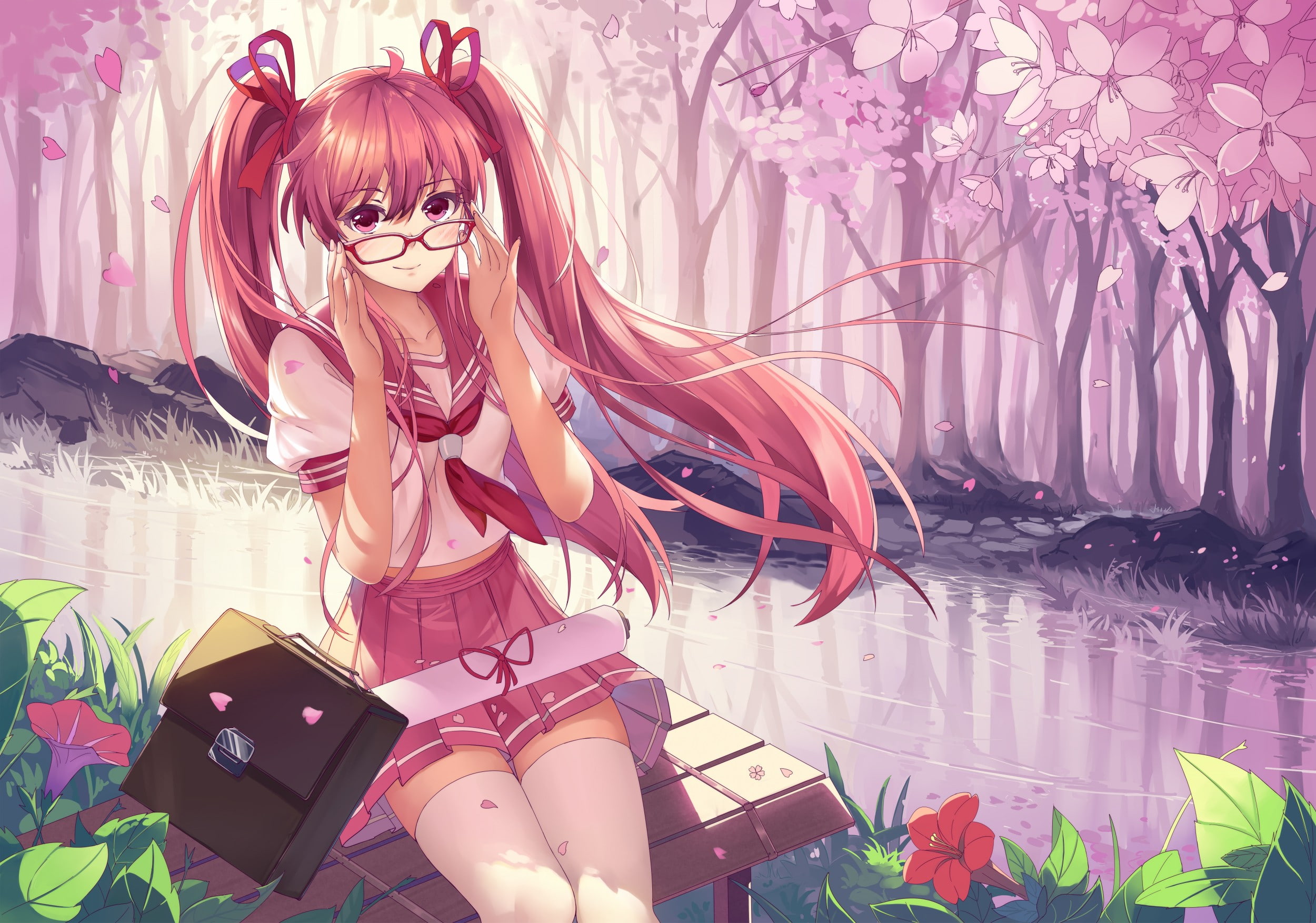 anime girls, river, Sakura Miku, flowers, Vocaloid, 1080P, anime, redhead, long hair, landscape, pink eyes, forest, HD Wallpaper