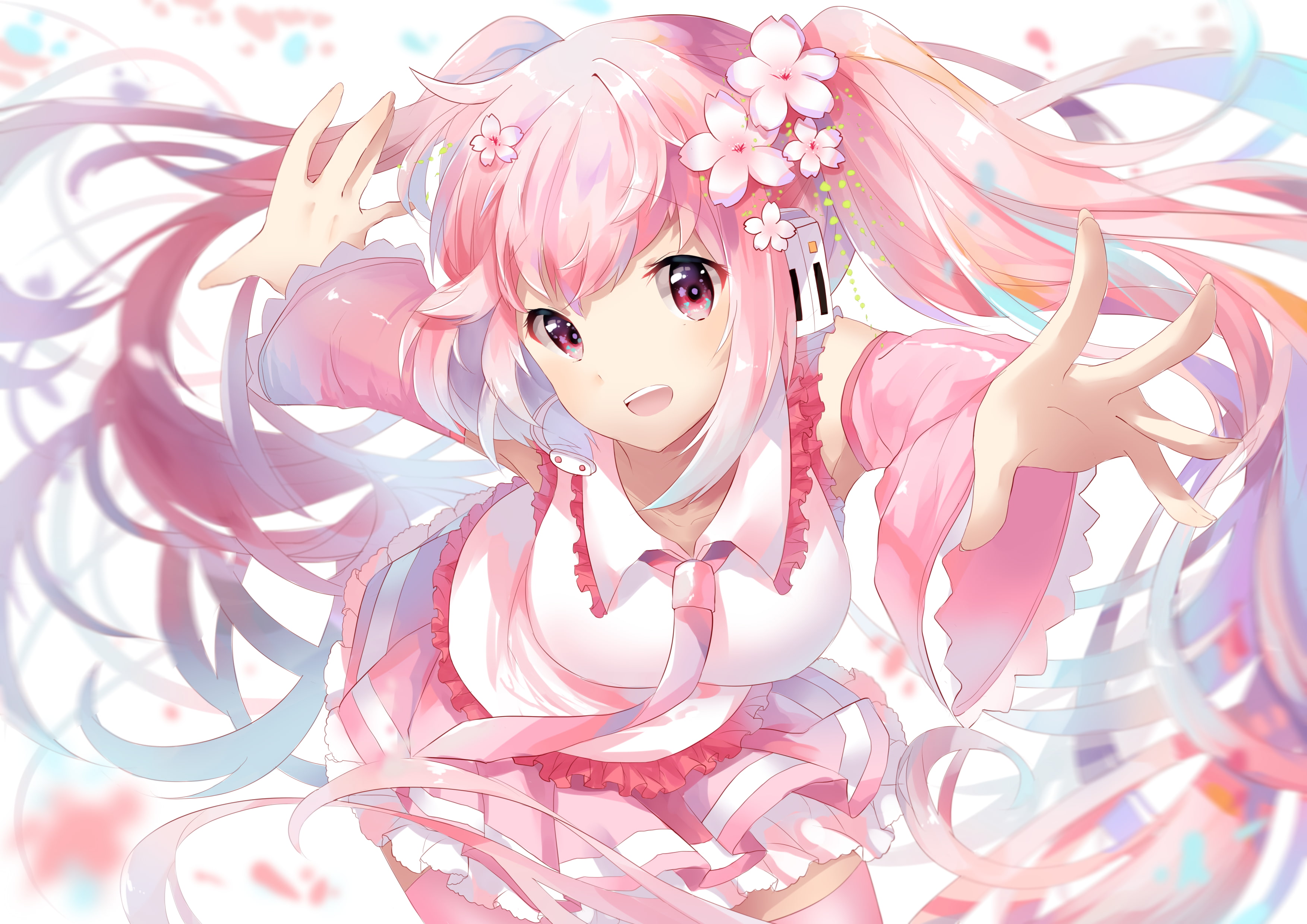 sakura miku, fashion, looking at camera, women, leisure activity, hatsune miku, young adult, beauty, vocaloid, high angle view, indoors, front view, twintails, HD Wallpaper