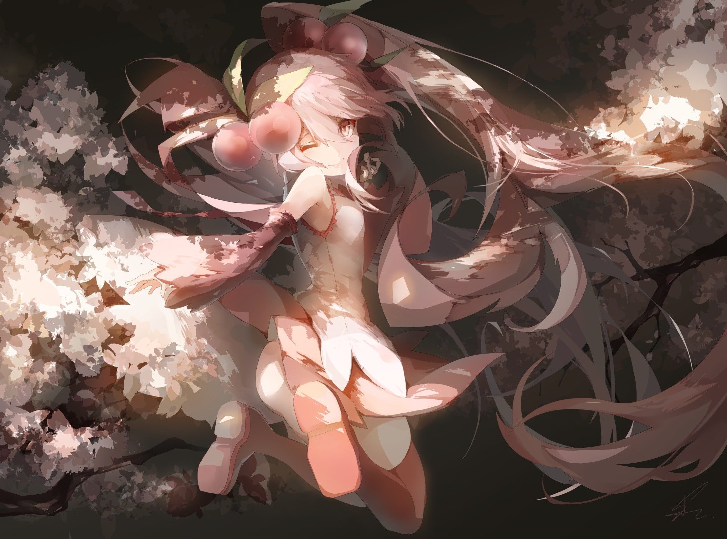 Hatsune Miku, cherry blossom, pink hair, Vocaloid, anime, pink eyes, Sakura Miku, twintails, 1080P, anime girls, thigh-highs, HD Wallpaper
