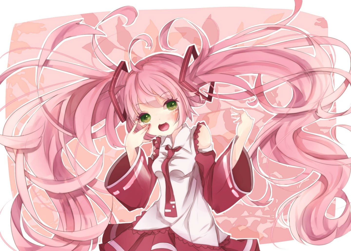 lxxe1120, twintails, long, hatsune, miku, tie, green, pink, hair, motsuni, blush, 720P, eyes, sakura, vocaloid, HD Wallpaper