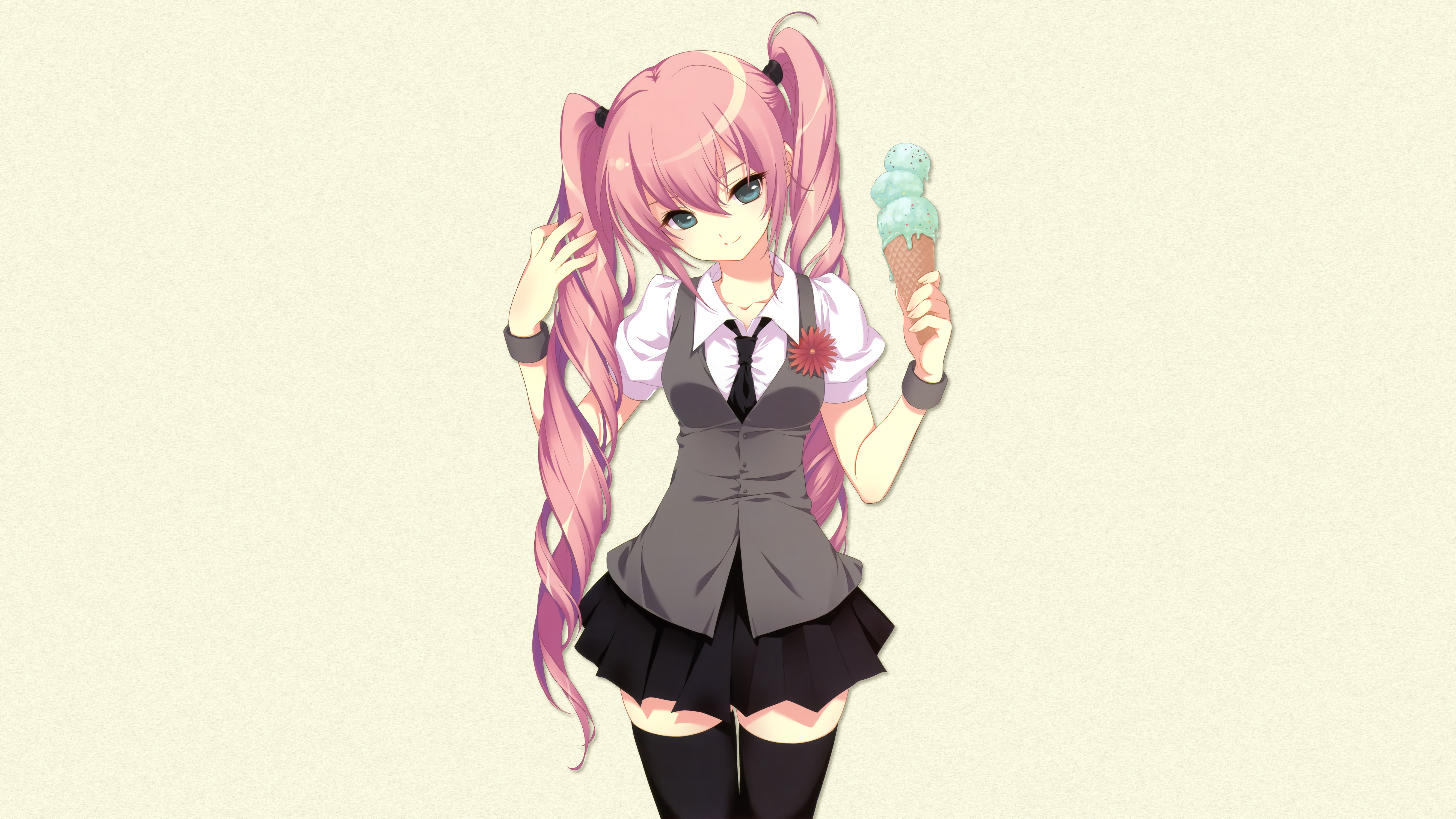 pink color, clothing, sakura miku, standing, 5K, real people, Anime, colored background, lifestyles, casual clothing, pink hair, indoors, ice cream, vocaloid, HD Wallpaper