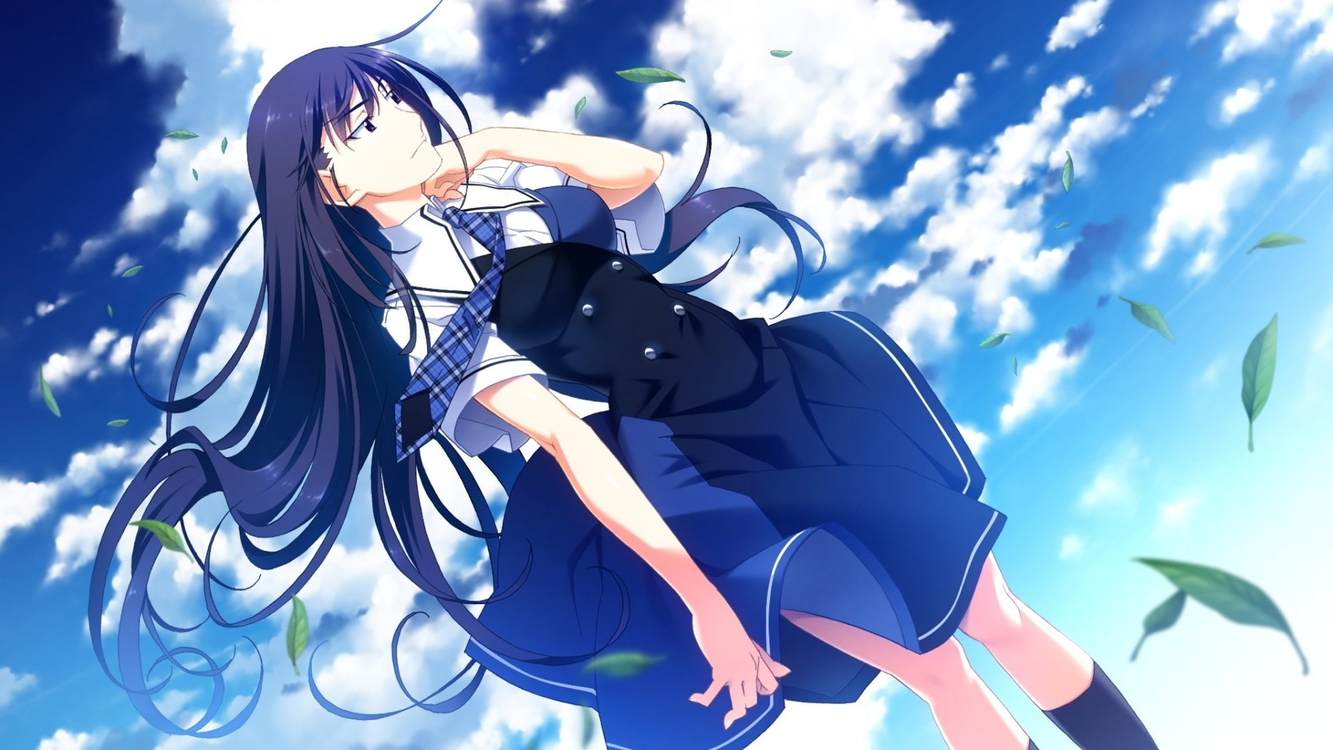cloud - sky, fashion, environment, beautiful woman, Grisaia No Kajitsu, clothing, wind, sky, beauty, beautiful people, young adult, hair, blue, Anime, one person, HD Wallpaper