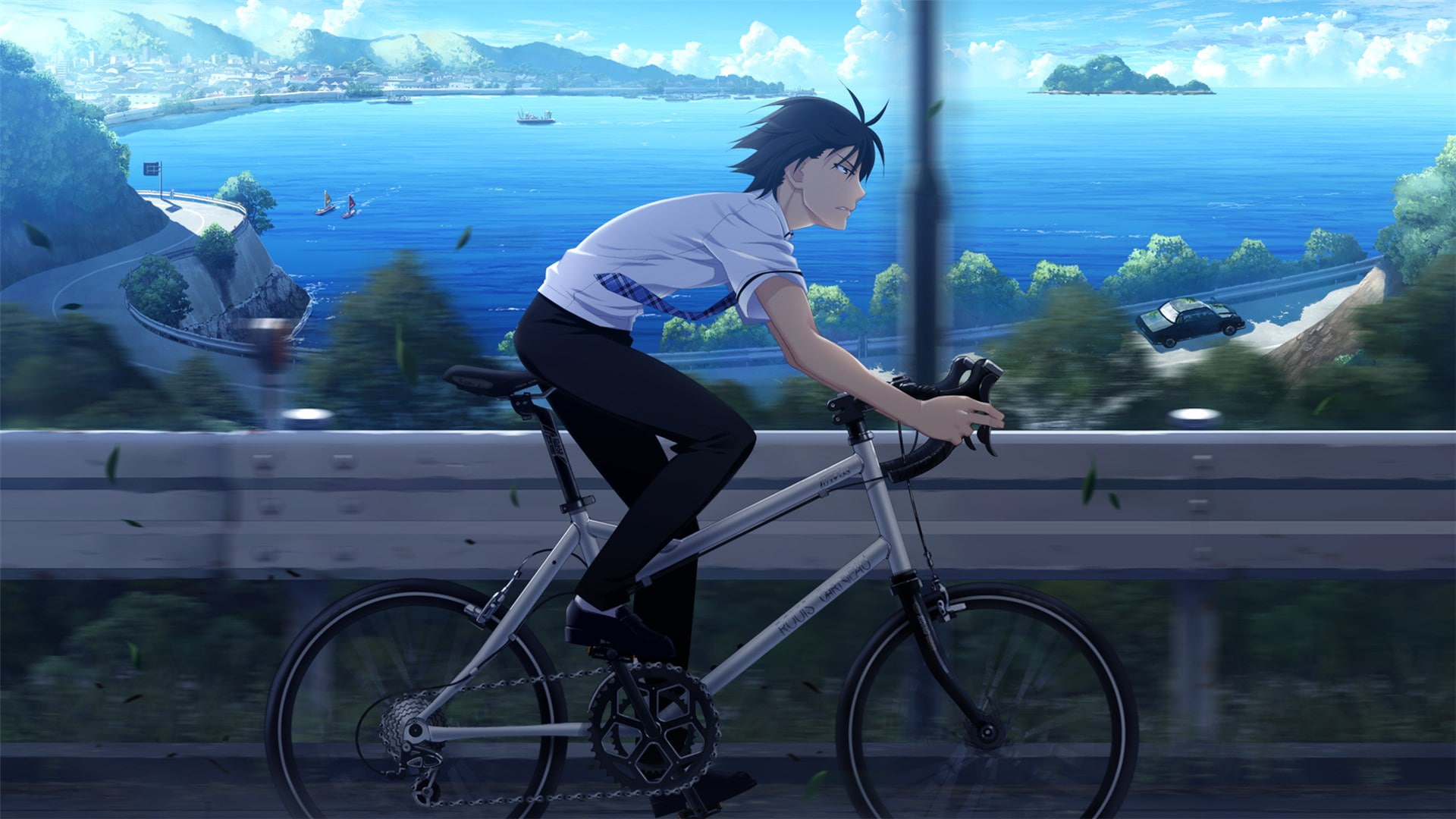 casual clothing, transportation, nature, water, riding, land vehicle, lifestyles, leisure activity, side view, day, young adult, grisaia series, bicycle, HD Wallpaper