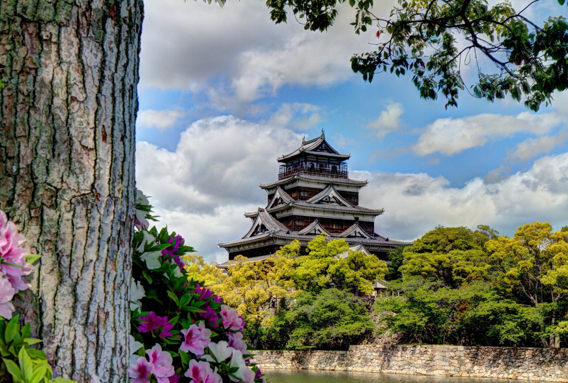 religion, Tree, place of worship, built structure, travel destinations, Castle, Flower, Castles, trunk, 1080P, building exterior, nature, Yamaguchi Prefecture, HD Wallpaper
