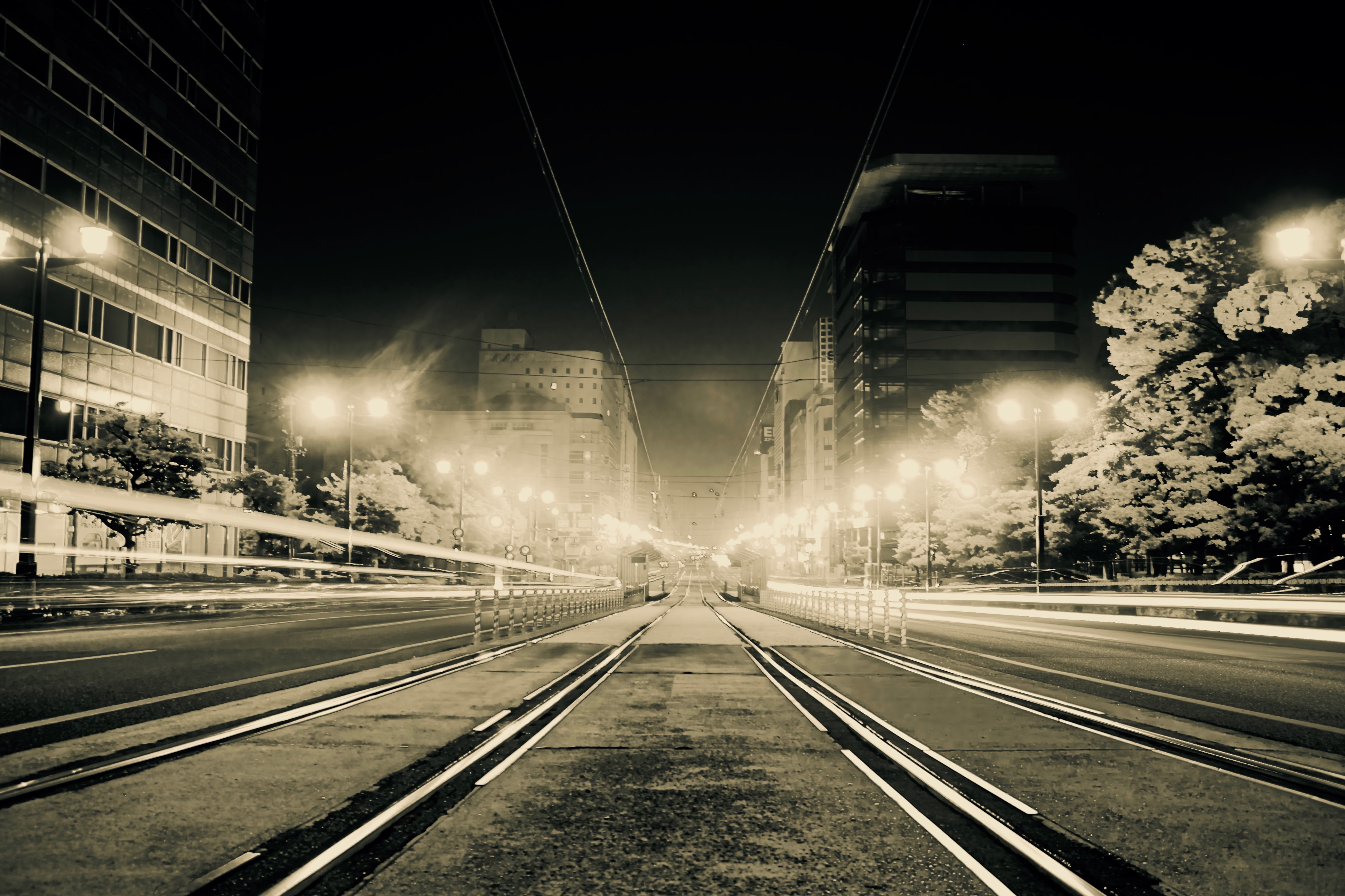hiroshima, 4K, sky, diminishing perspective, illuminated, nature, motion, built structure, no people, public transportation, japan, direction, track, vanishing point, HD Wallpaper