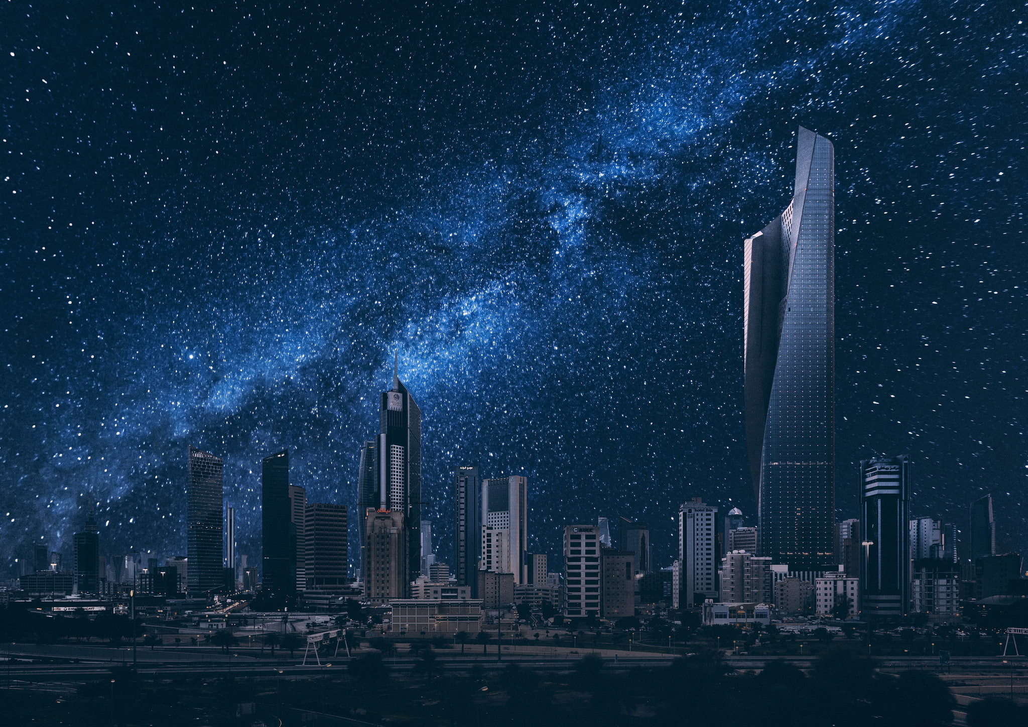 night, stars, buildings, sky, 1080P, city, kuwait, HD Wallpaper