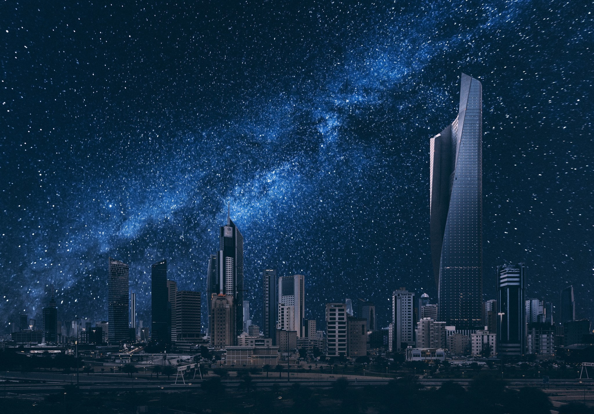 building, skyscraper, 1080P, architecture, financial district, building exterior, urban skyline, outdoors, modern, astronomy, milky way, landscape, star - space, HD Wallpaper
