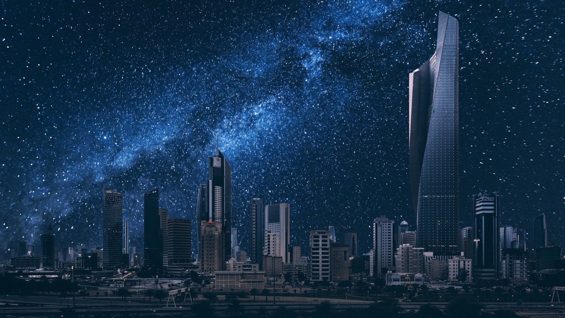 modern, tall - high, city, built structure, downtown district, cityscape, sky, astronomy, milky way, tower, star - space, no people, landscape, building, HD Wallpaper