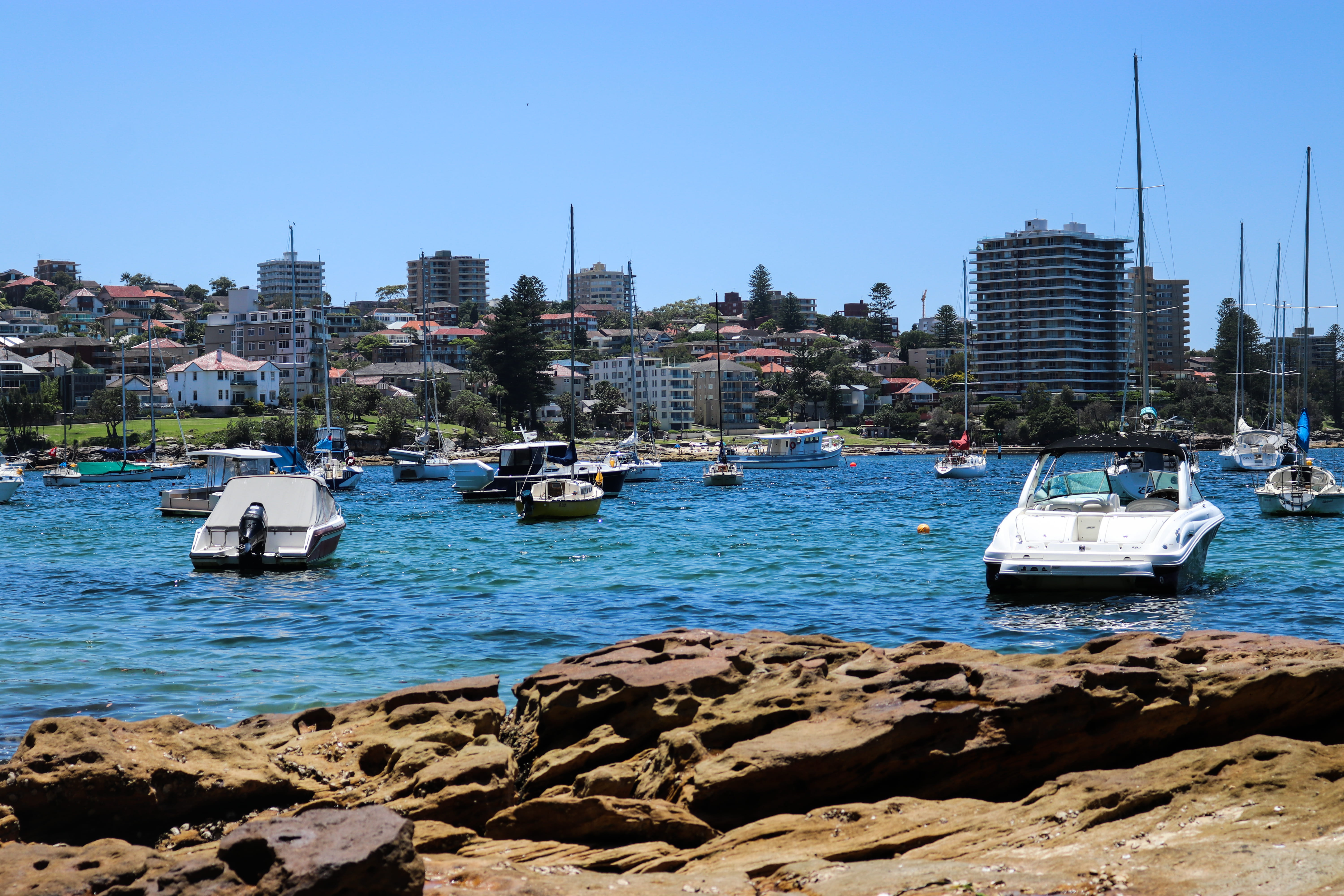 waterfront, city, pier, built structure, blue, nautical vessel, yacht, passenger craft, architecture, transportation, the spit to manly walk, summer, outdoors, HD Wallpaper