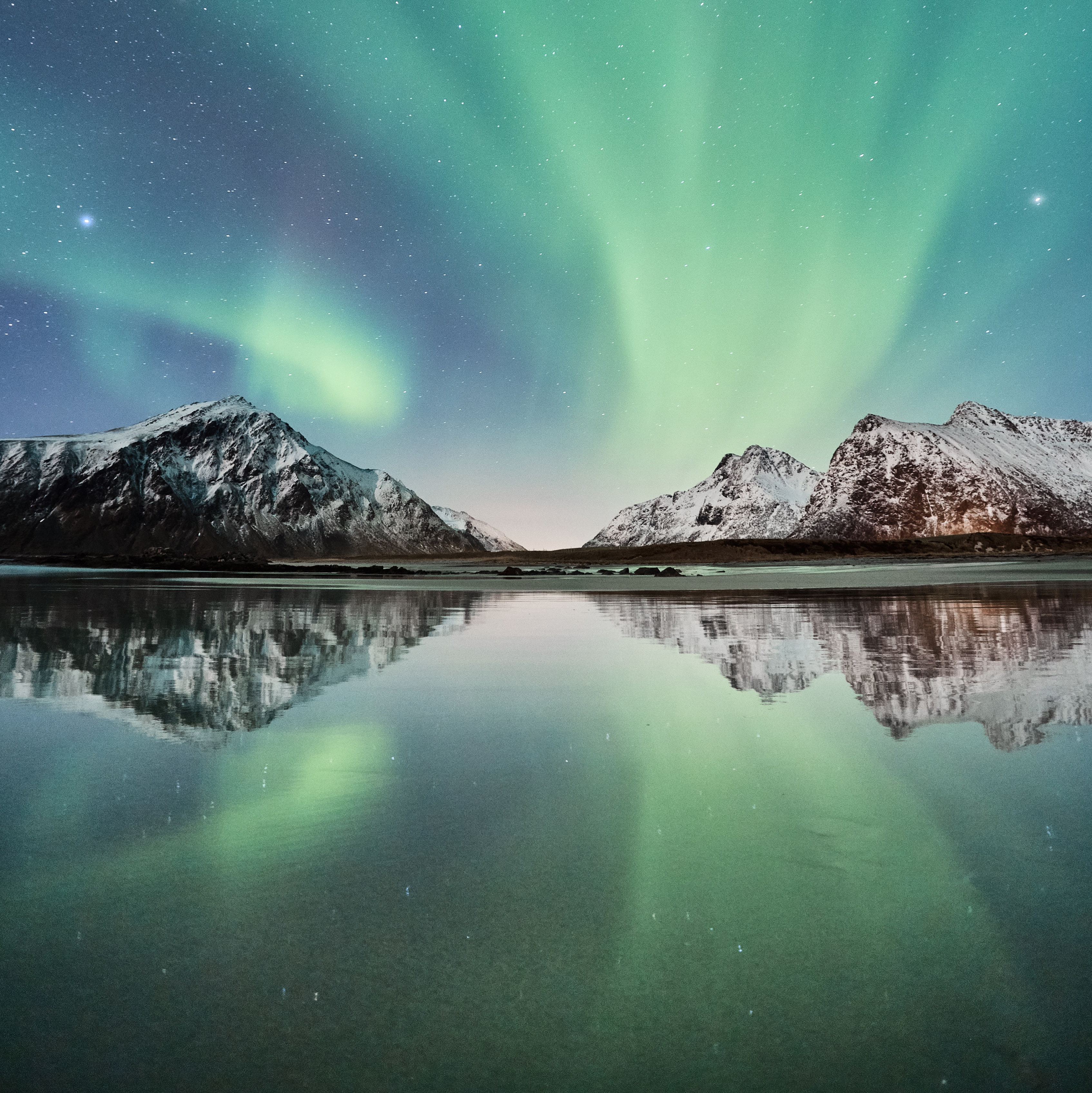 Northern Lights, Norway, Skagsanden beach, 2K, 4K, Aurora Borealis, Flakstad, Mountains, Phone HD Wallpaper