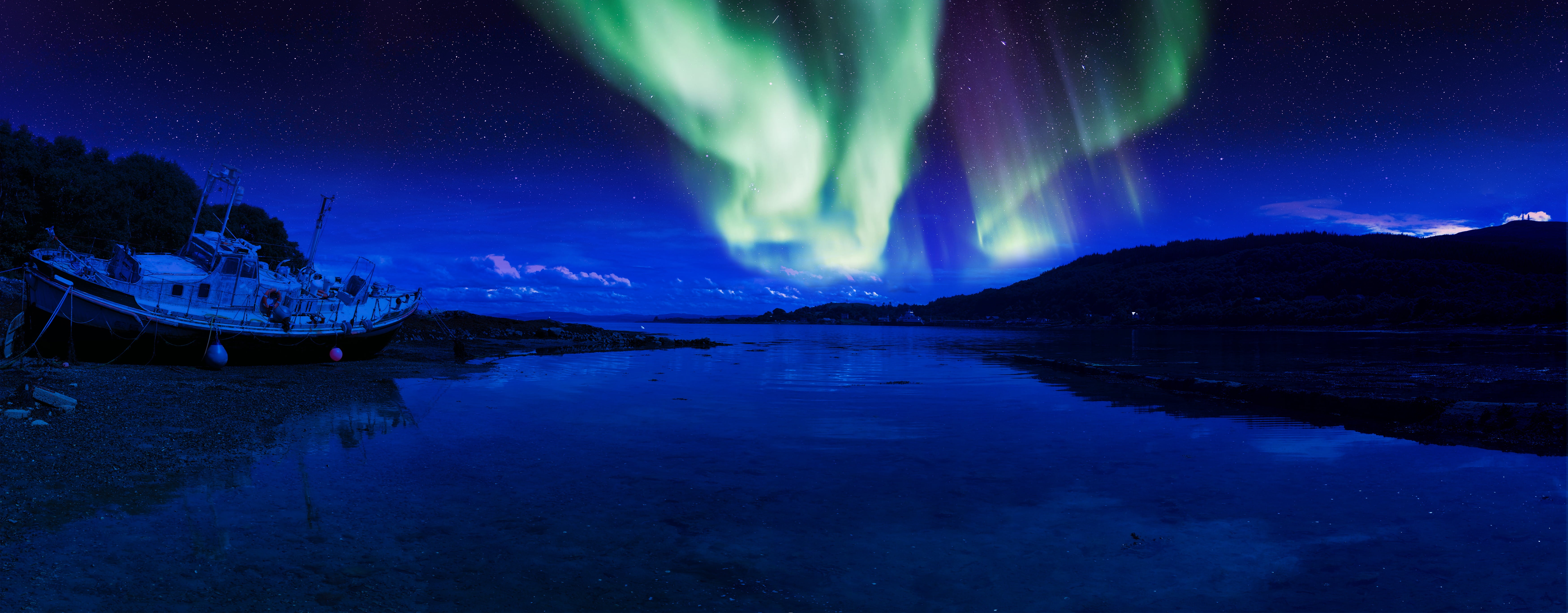 shore, nature, borealis, beach, aurora polaris, tranquility, scotland, astronomy, lake, scenics - nature, illuminated, aurora, blue, sky, night, star - Space, HD Wallpaper