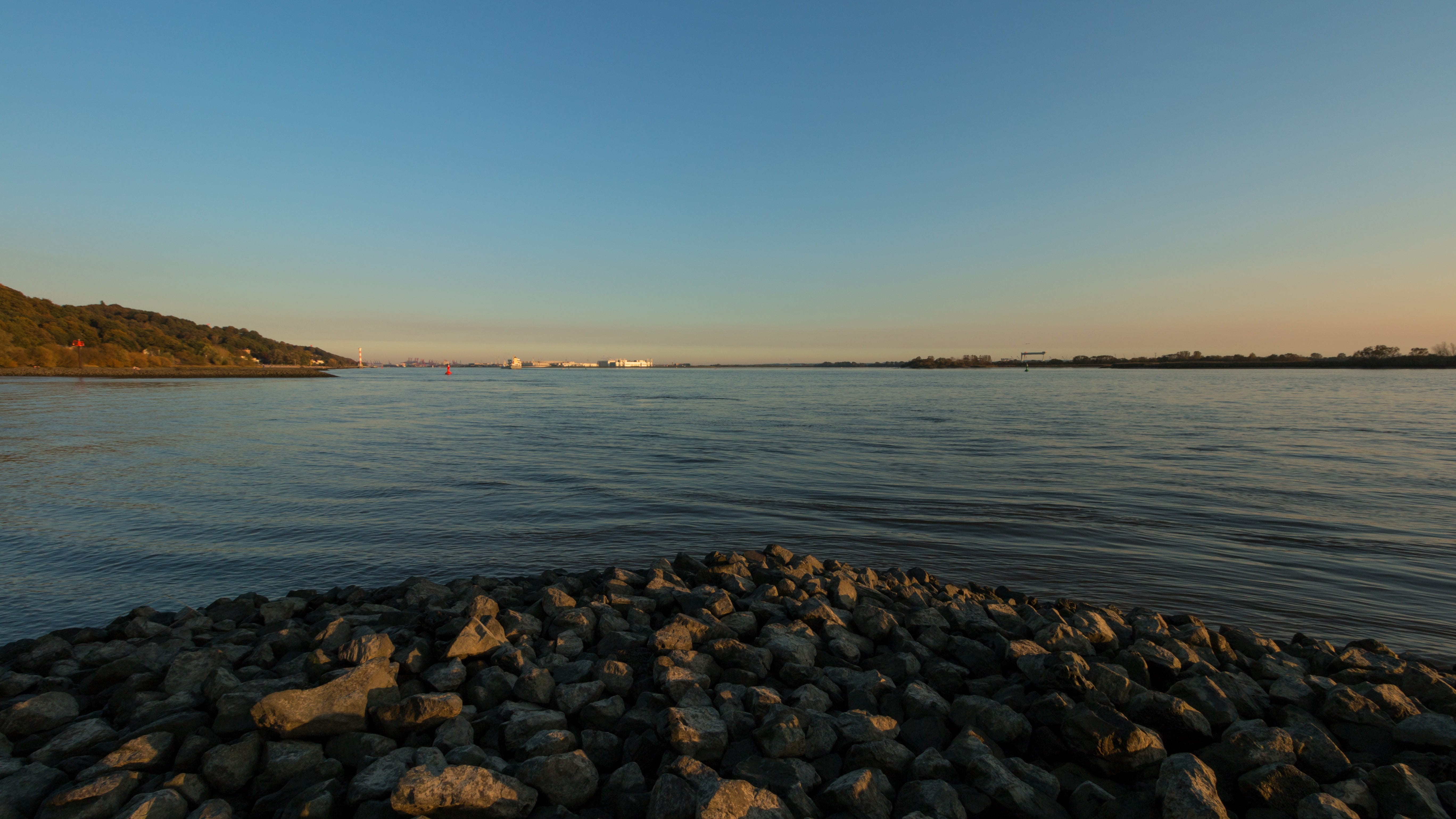 northern germany, pebble, copy space, elbe, nature, landscape, clear sky, stone - object, sky, land, maritime, 5K, lights, tranquility, outdoors, rock, HD Wallpaper