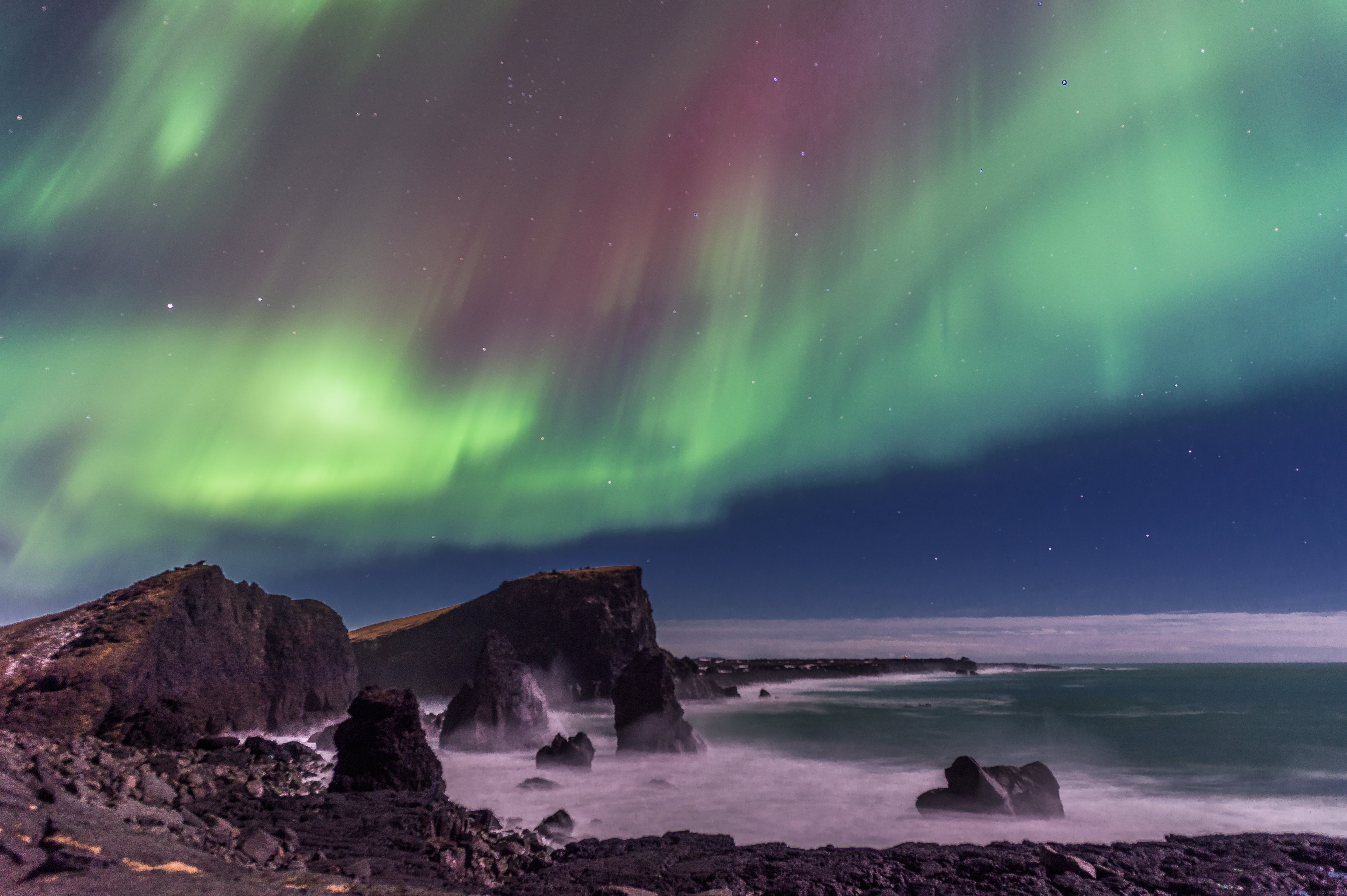 long exposure, coastline, waves, Iceland, Sea Stacks, beach, mountain, landscape, tip, nature, sea, aurora, Reykjanes Peninsula, broalis, Northern Lights, HD Wallpaper