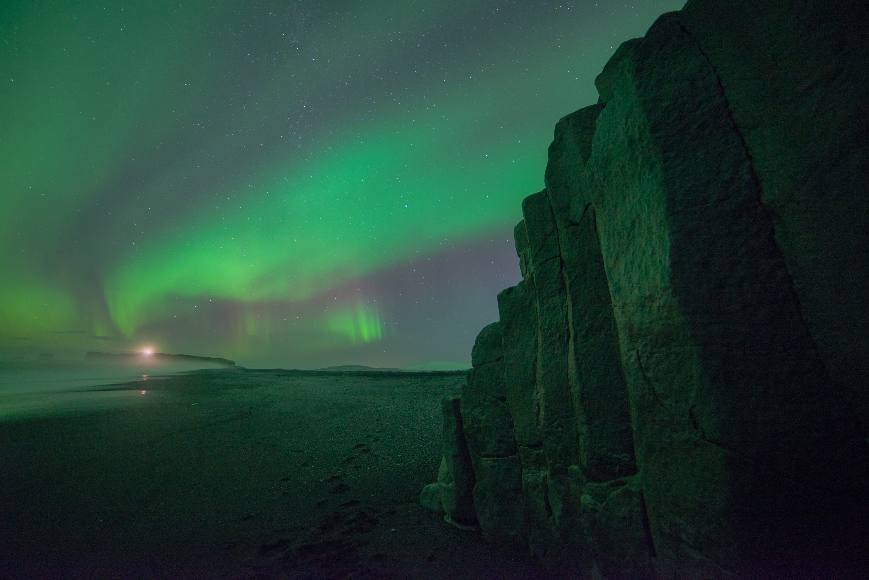 basalt, rocky, no people, green, dramatic sky, mountain, aurora borealis, sky, nature, aurora, astrophotography, idyllic, night, star - space, sea, lights, HD Wallpaper