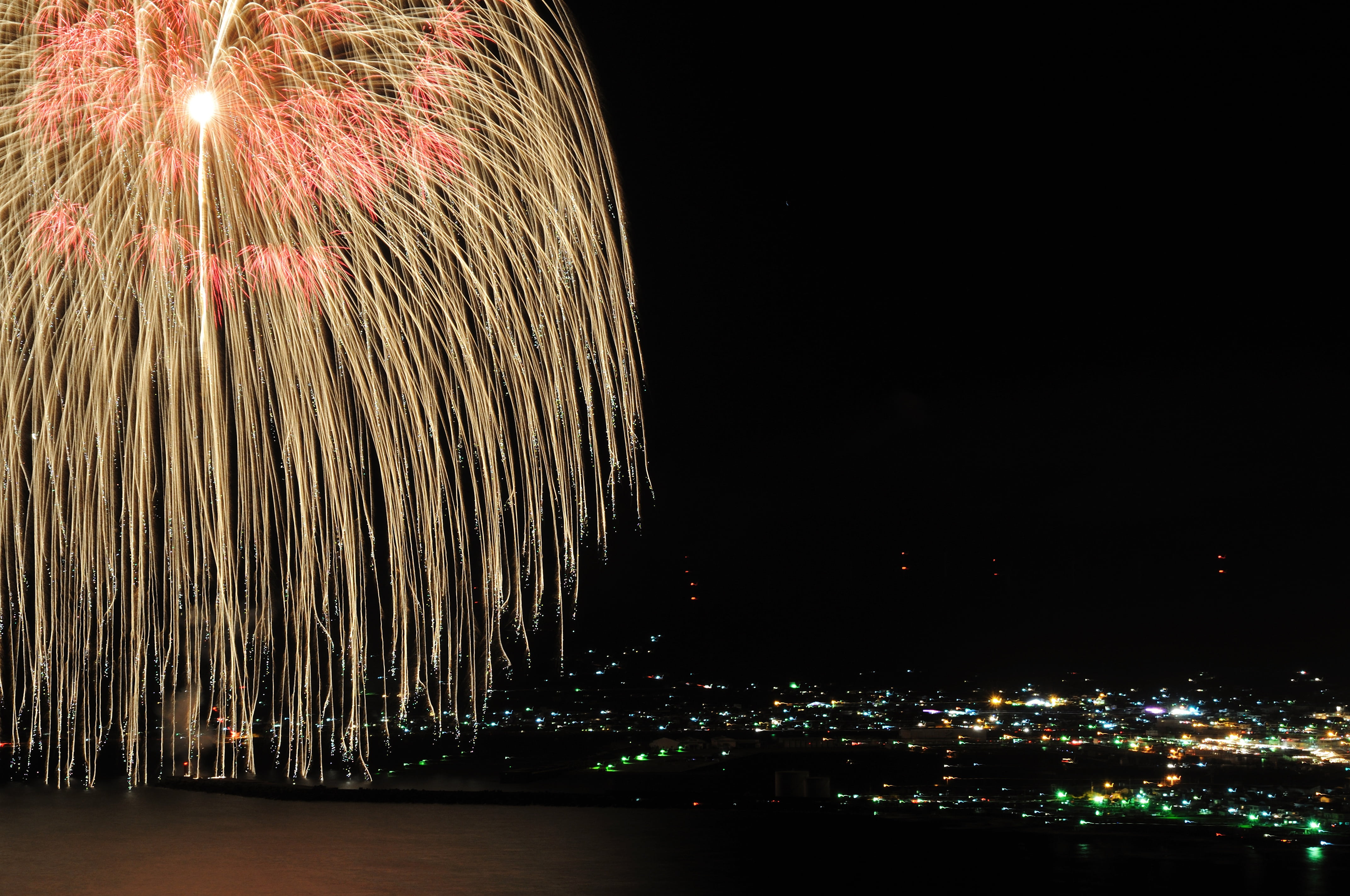 architecture, outdoors, makurazaki city, night, event, tv, sky, illuminated, 4K, exploding, black, traditional Festival, firework Display, flat, celebration, HD Wallpaper