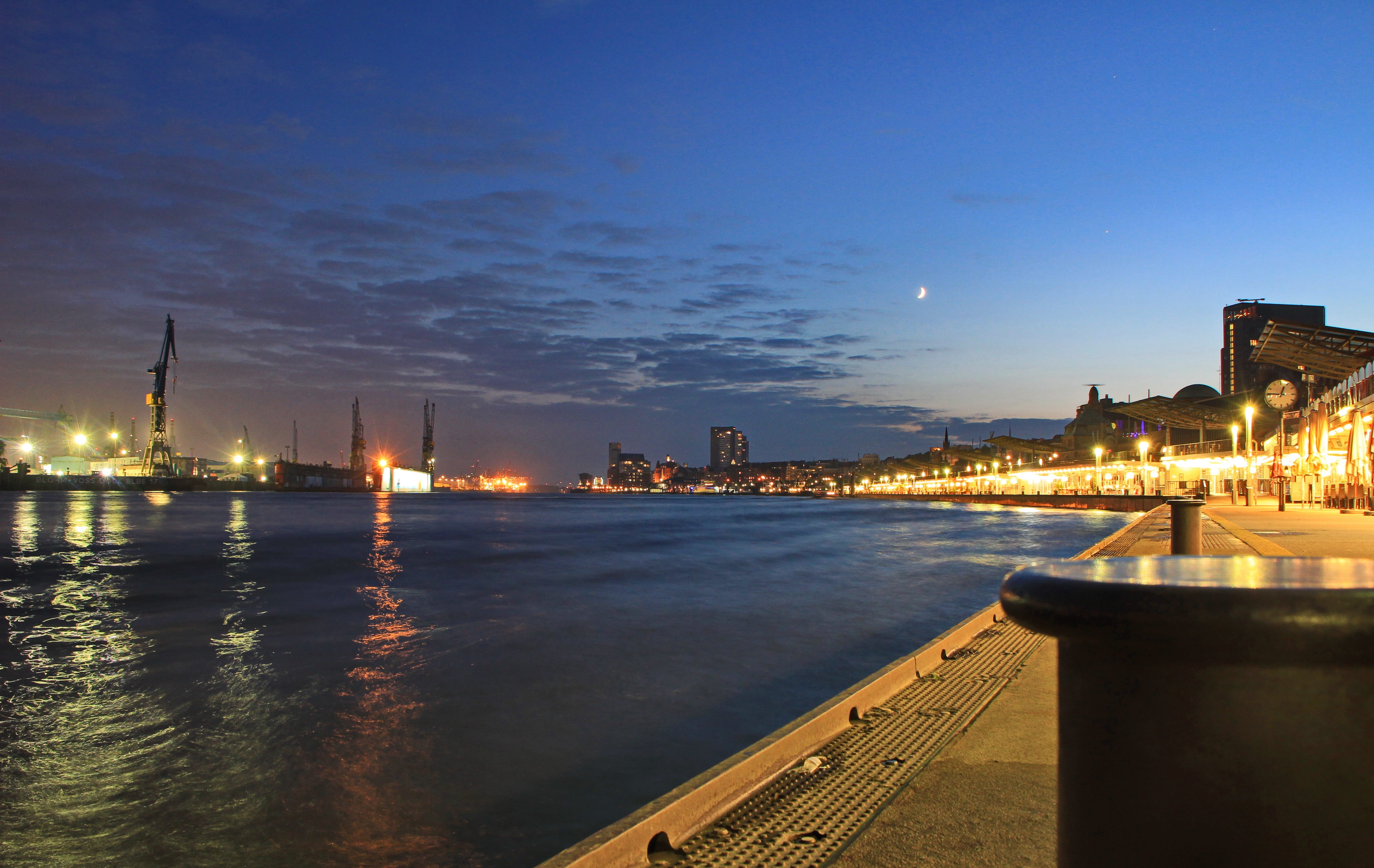 city, office building exterior, water, building exterior, port of hamburg, architecture, bank, Hamburg, Harbour City, golden, rest, river, night, port city, HD Wallpaper