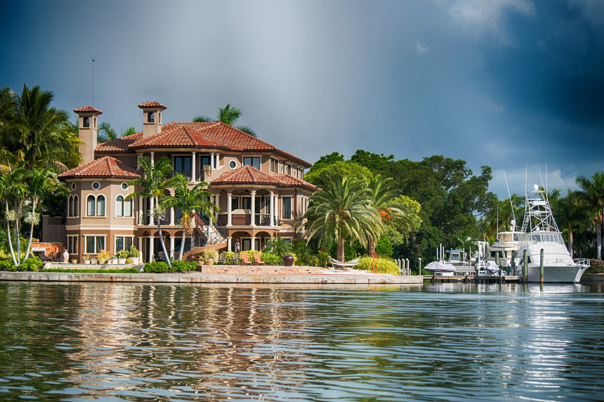 palm trees, Villa, Sarasota Bay, yachts, Sarasota, FL, water, 1080P, Florida, HD Wallpaper