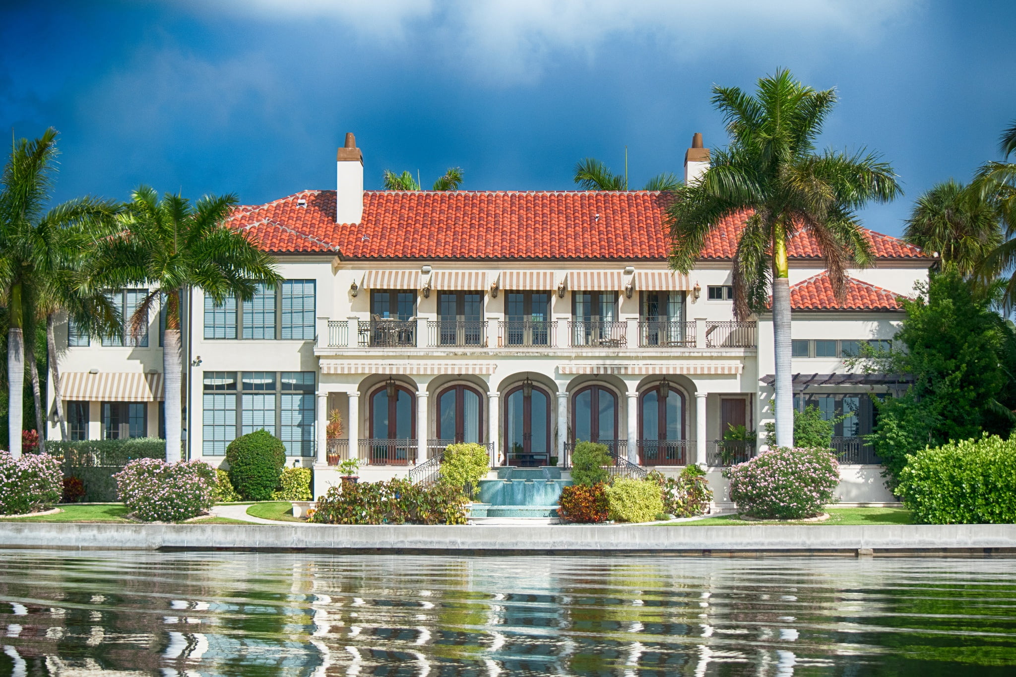 water, palm trees, the bushes, FL, Florida, Sarasota, Villa, 1080P, HD Wallpaper