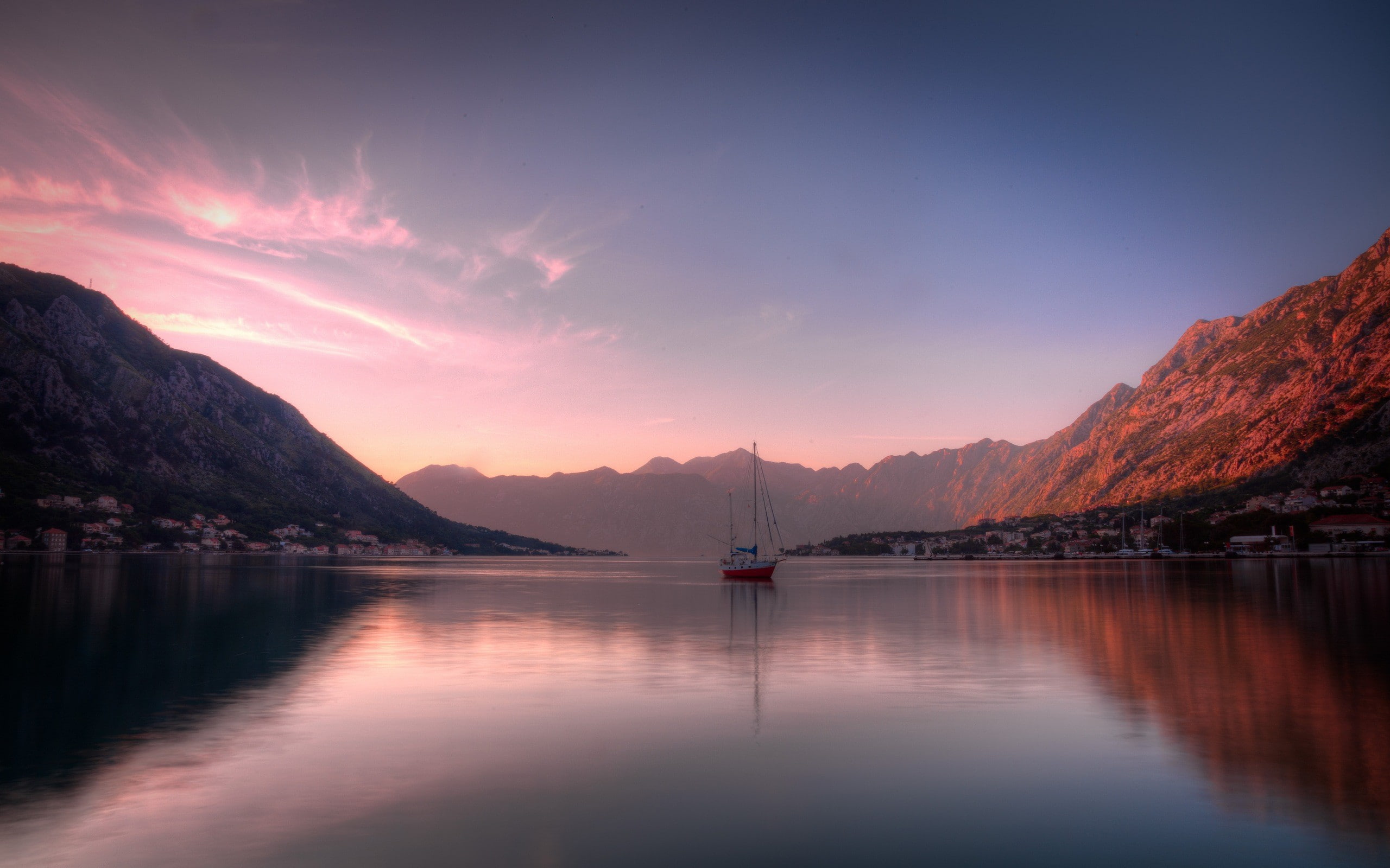 sea, sky, mountain, sailing ship, bay, lake, reflection, nautical vessel, mountain range, transportation, mode of transportation, non-urban scene, nature, HD Wallpaper