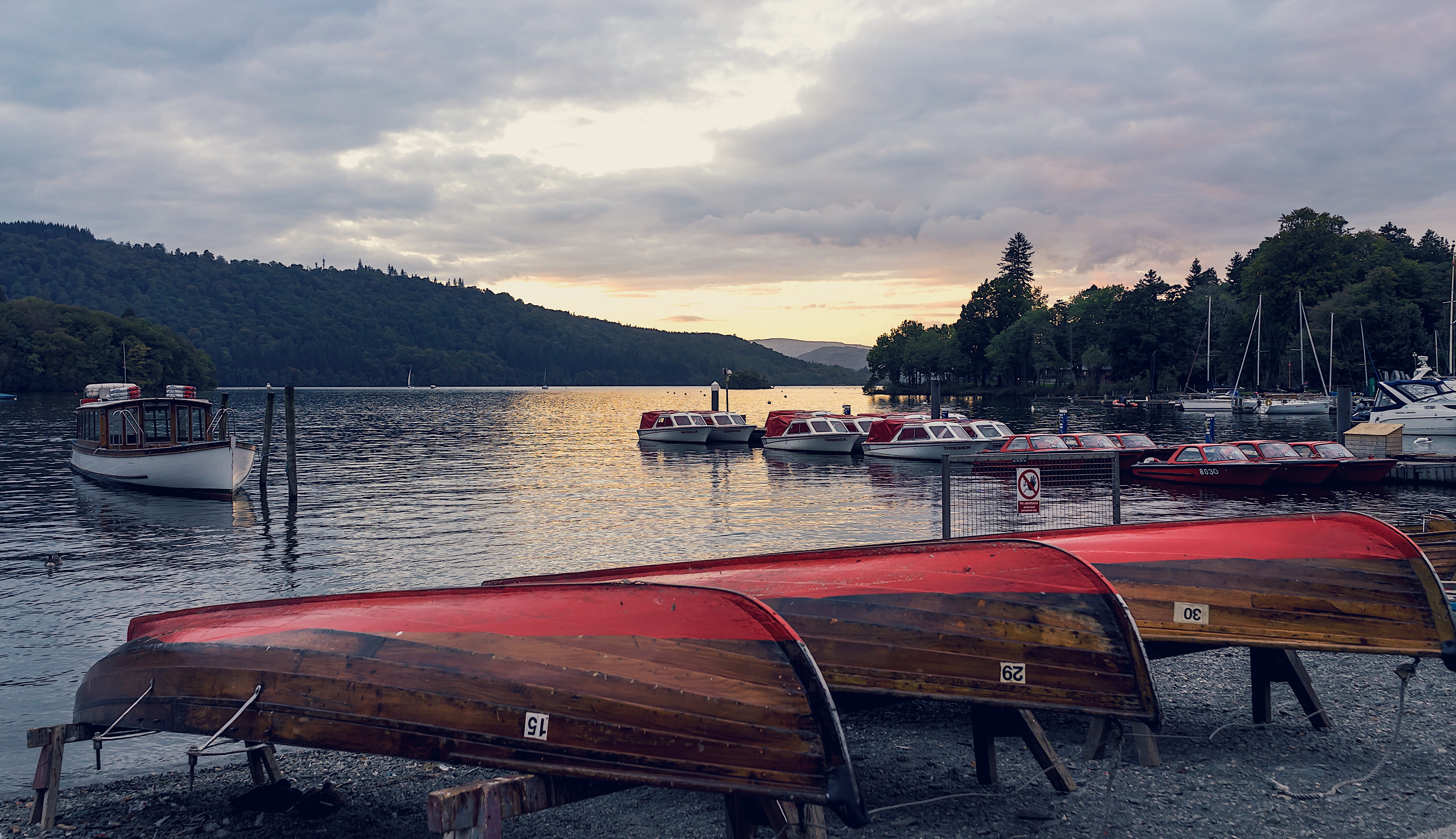 moored, sky, golden hour, table, cloud - sky, beauty in nature, yellow, outdoors, boats, lake, scenics - nature, transportation, water, windermere, nature, HD Wallpaper